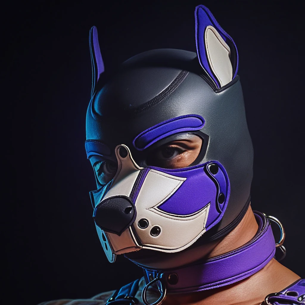 score_9, score_8_up, score_7_up, human, raw, photo, realistic, full shot,  1boy, purple pup mask, pup mask, nude, cute, slim body, muscular fit body, wearing harness, dog collar, big penis, cockring, pinup boy pose, warm dramatic light, detailed eyes, perfect eyes, skin blemish, dark background, dramatic, detailed skin, male focus,