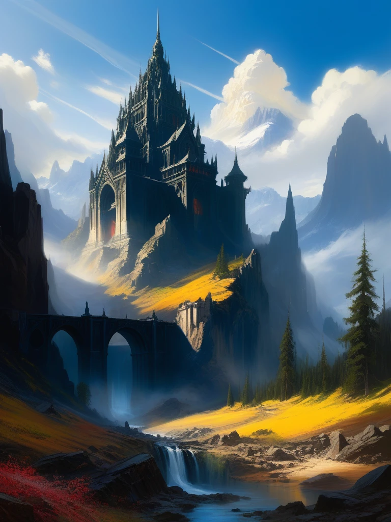 <lora:10NaturalismPainting_Hap_XL:1.5>, Thomas Moran style,oil painting,nature,landscape, Game Background, Minimalist Anime Style,Black Outlines,Cartoon Style,warzone:0.3,warhammer architecture, <lora:flat_color:1>,ghotic architecture,ï¼