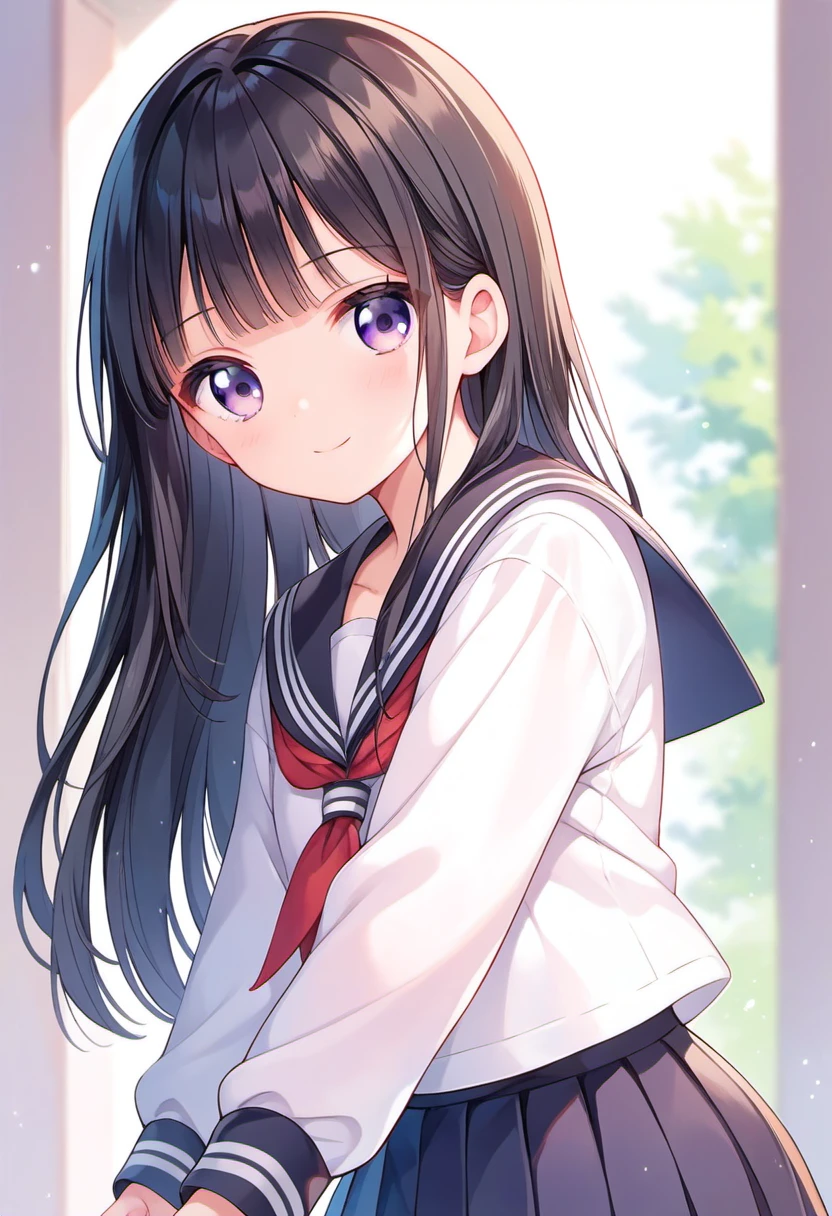 score_9, score_8_up, score_7_up, source_anime, 1girl, black hair, purple eyes, blunt bangs, school uniform, dark sailor collar, red neckerchief, long sleeves, hidden smile, teenager