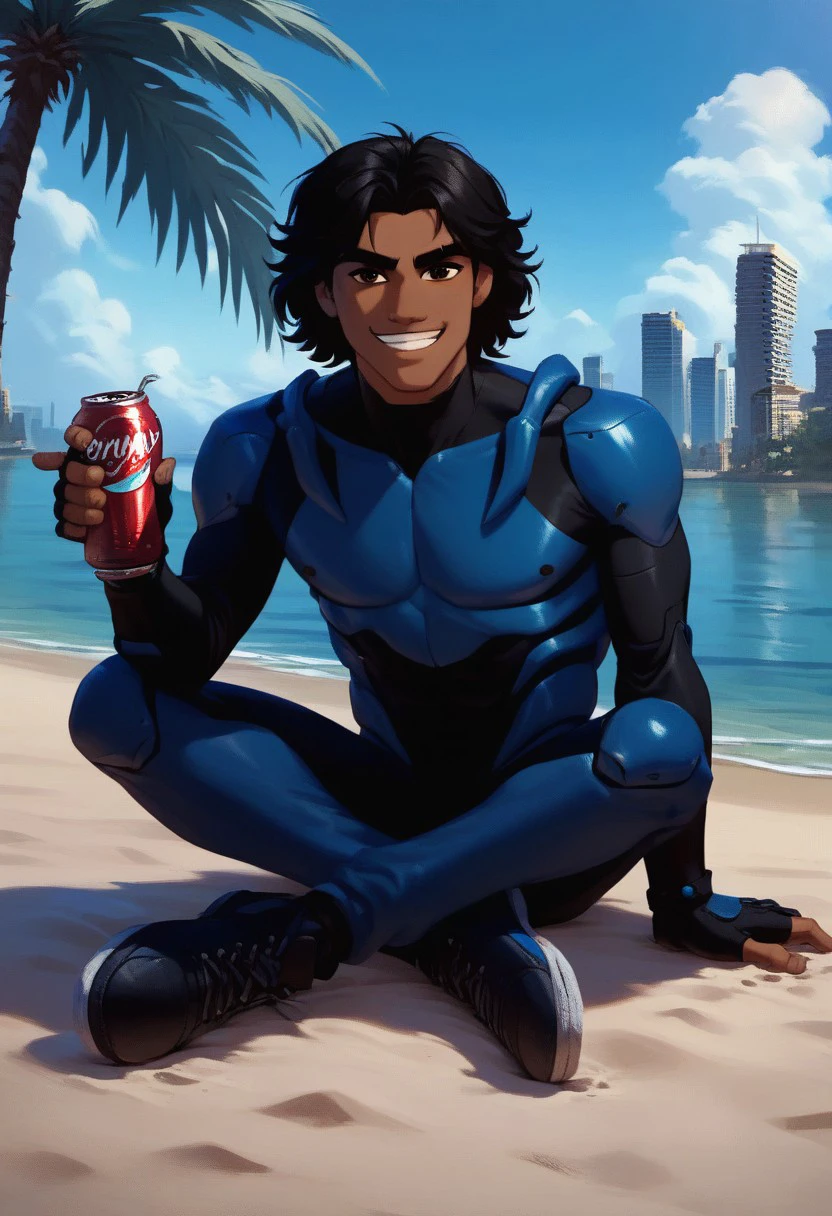 1boy, animated male character, score_9, score_8_up, score_7_up, cute male, black hair, brown eyes, scarab suit, black and blue bodysuit, tan skin, mexican, latino, hispanic, hispanic tan, city beach, beach, lake, city skyline, sitting on sand, sitting under palm tree, smiling, smirking, holding soda can, open soda can, looking at viewer, Jaime Reyes, Blue Beetle,