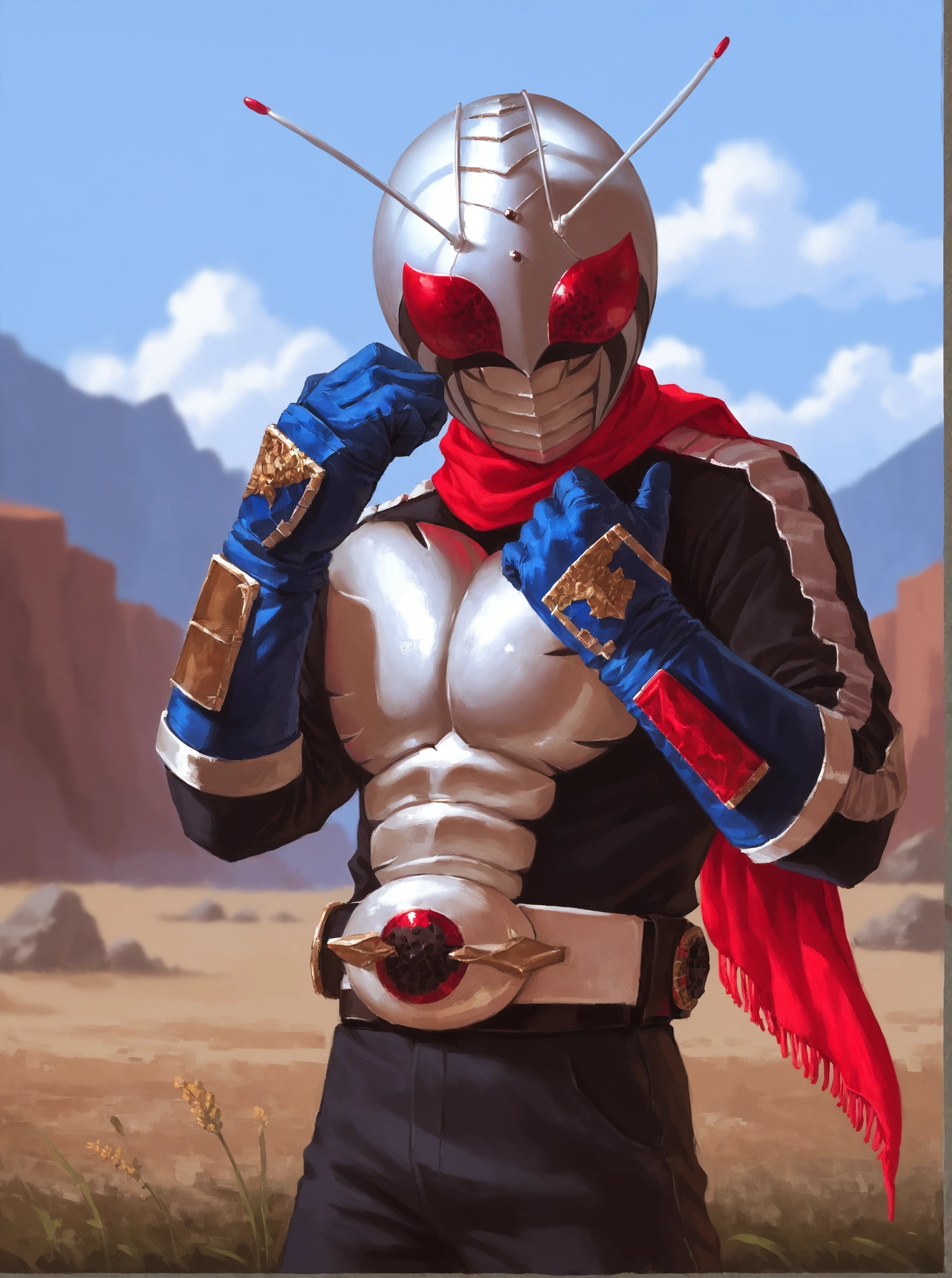 score_9, score_8_up, score_7_up, masterpiece, source_realistic, kamen rider, 1boy, antennae, male focus, solo, belt, scarf, outdoor, blue gloves <lora:sn0wStyle:1> <lora:HKHorrorXL:1>,  <lora:Kamen_rider_super-1_1980:1>