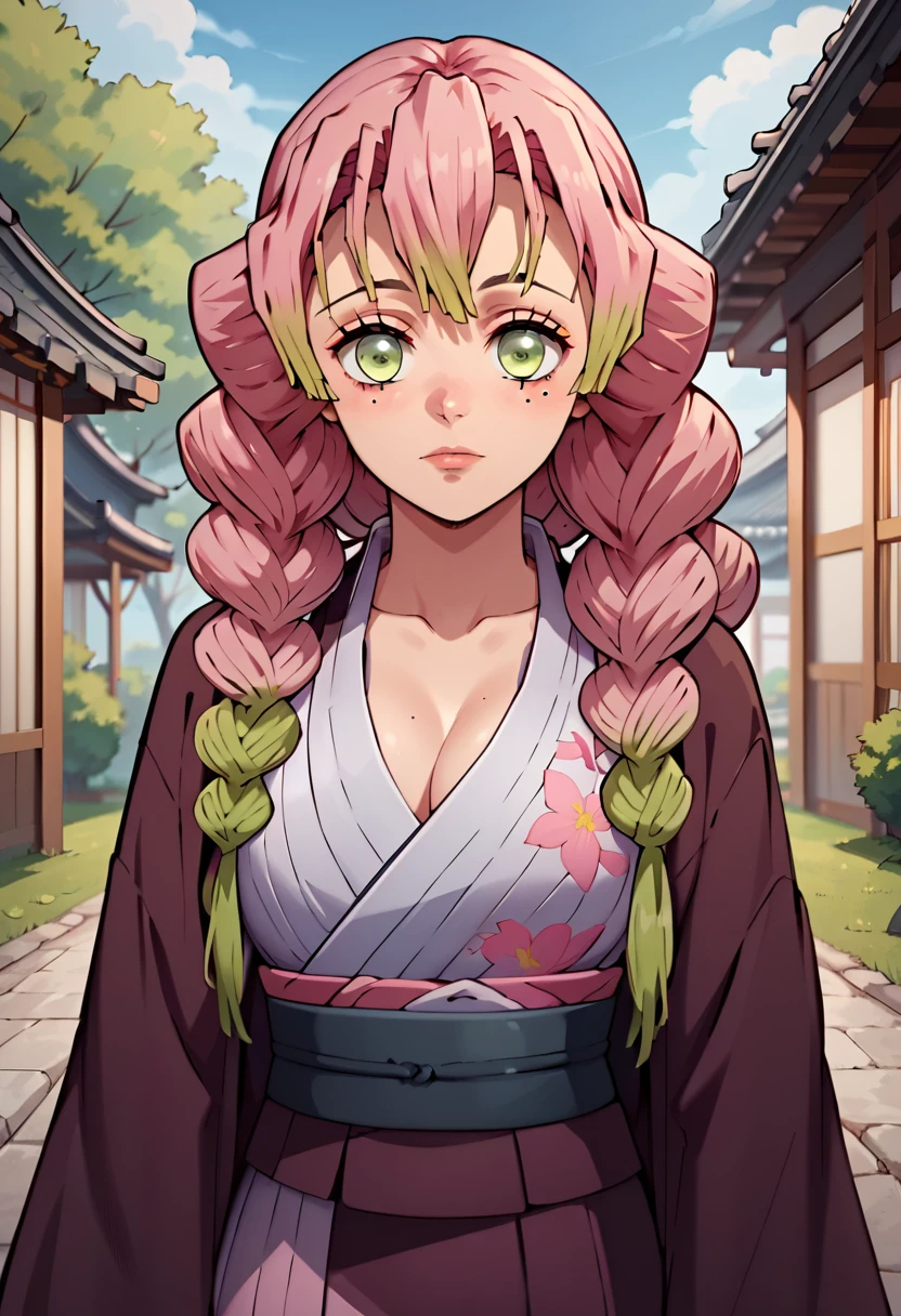 <lora:MitsuriKanrojiPony-10:1>Mitsurujiuni, kanroji mitsuri, long hair, hair between eyes, pink hair, twin braids, green eyes, mole under eye, medium breasts, black jacket,  japanese clothes, haori, pink kimono, sash,  obi,  floral print, yukata,, score_9, score_8_up, score_7_up, score_6_up, score_5_up, score_4_up,