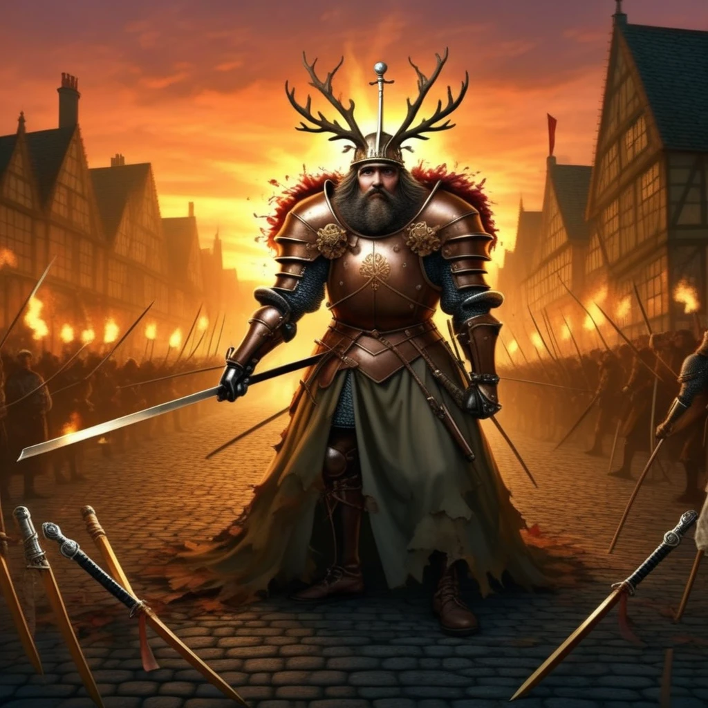 chest hair, chair, leaf hair ornament, antlers, forest, robe, halo, rapier, muscular female, sunset, katana, holding polearm, screwdriver, power armor, ascot, blue butterfly, nipples, audience, buckle, steampunk, long beard, cobblestone, brown eyes, flaming weapon, multiple swords, frown, torn clothes, knight, frilled sleeves, holding sword, analog clock