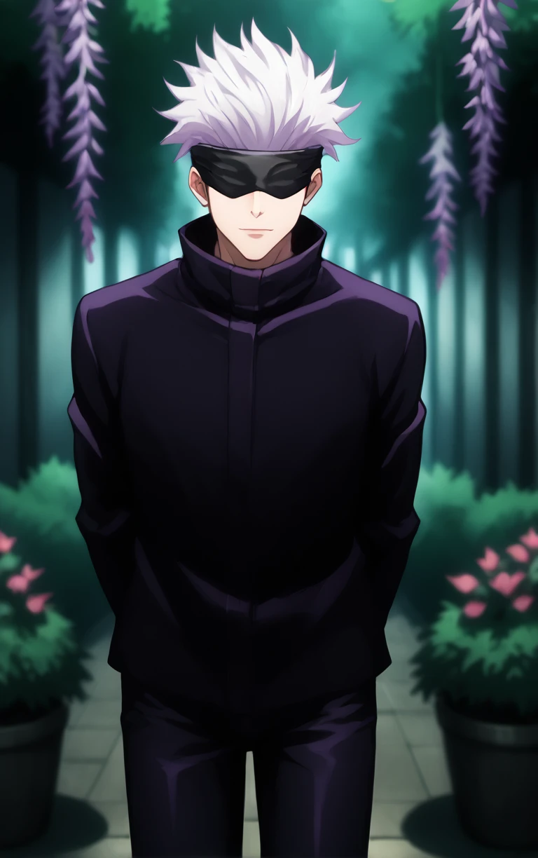 score_9, score_8_up, score_7_up, score_6_up, solo, looking at viewer, BREAK
Masked_GojouSatoru_ownwaifu,
1boy, black blindfold, gojou satoru, gradient hair, male focus, white hair, short hair, covered eyes, spiked hair, blindfold,
black jacket, high collar, long sleeves, black pants, black shirt,
(leaning forward, arms behind back), cowboy shot, garden, wisteria, outdoors, <lora:PONYXL_JujutsuKaisen_GojouSatoru_ownwaifu:0.85> , depth of field
,