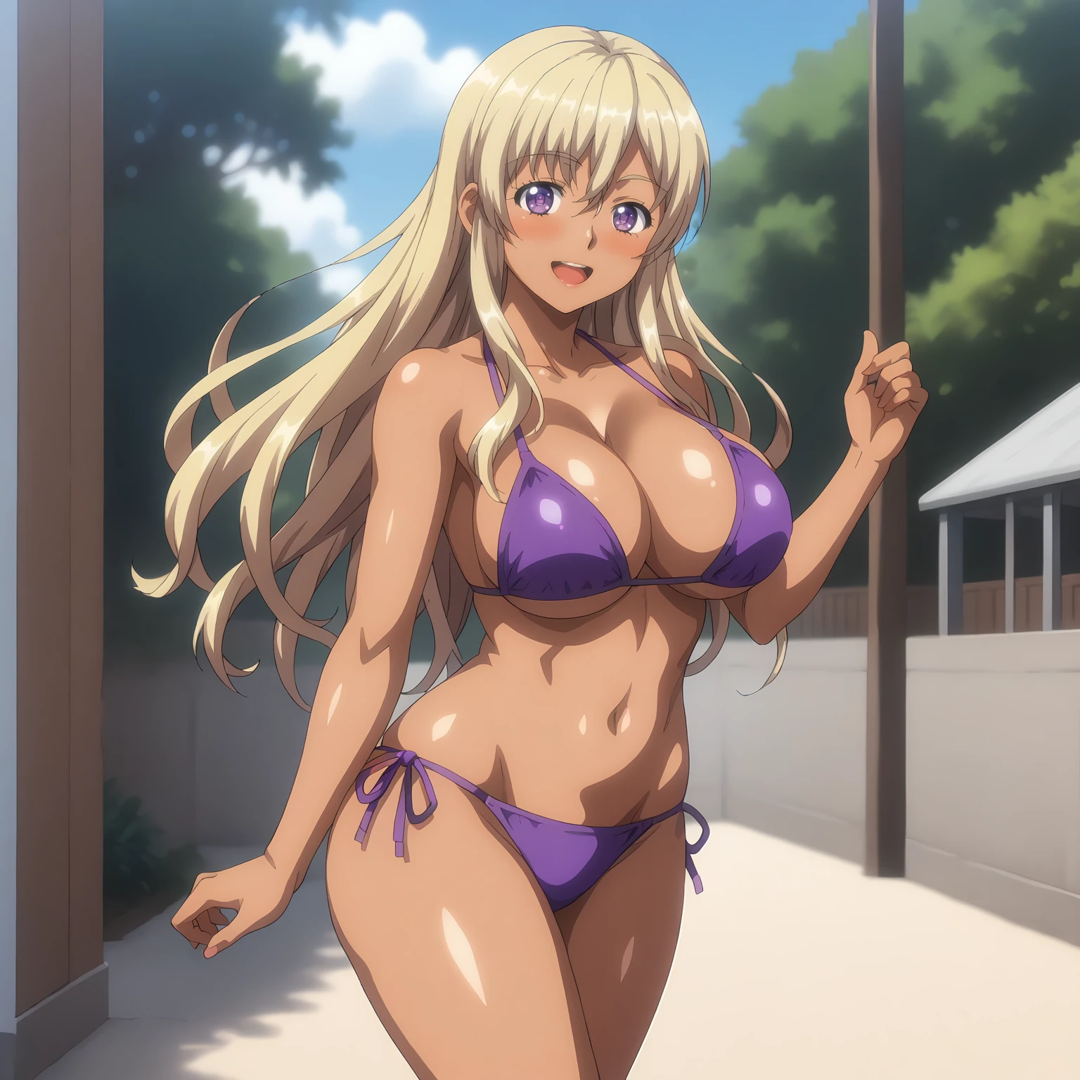 <lora:BDCC_ChieriShiinaXLpony001>,
smile,blush,open mouth,
solo,
ChieriShiina,1girl,blonde hair,long hair,purple eyes,dark skin,
large breasts,
bikini,
outdoors,
standing,