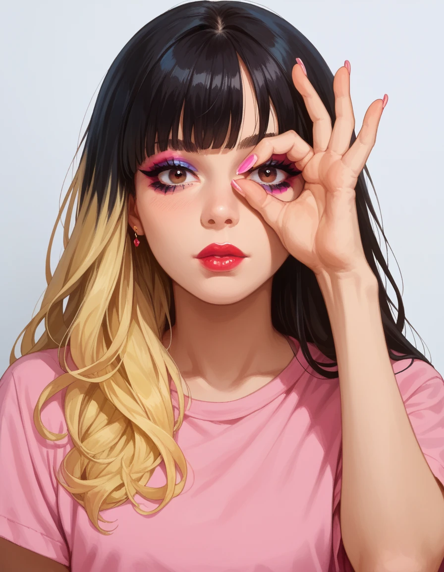 score_9, score_8_up, score_7_up, score_6_up, score_9, score_8_up, score_8, 1girl, solo, makeup, lipstick, long hair, looking at viewer, bangs, blonde hair, simple background, shirt, black hair, upper body, multicolored hair, two-tone hair, fingernails, makeup, pink shirt, hud_illum1nat1, ok sign over face, <lora:hud_illum1nat1_XLP:1>