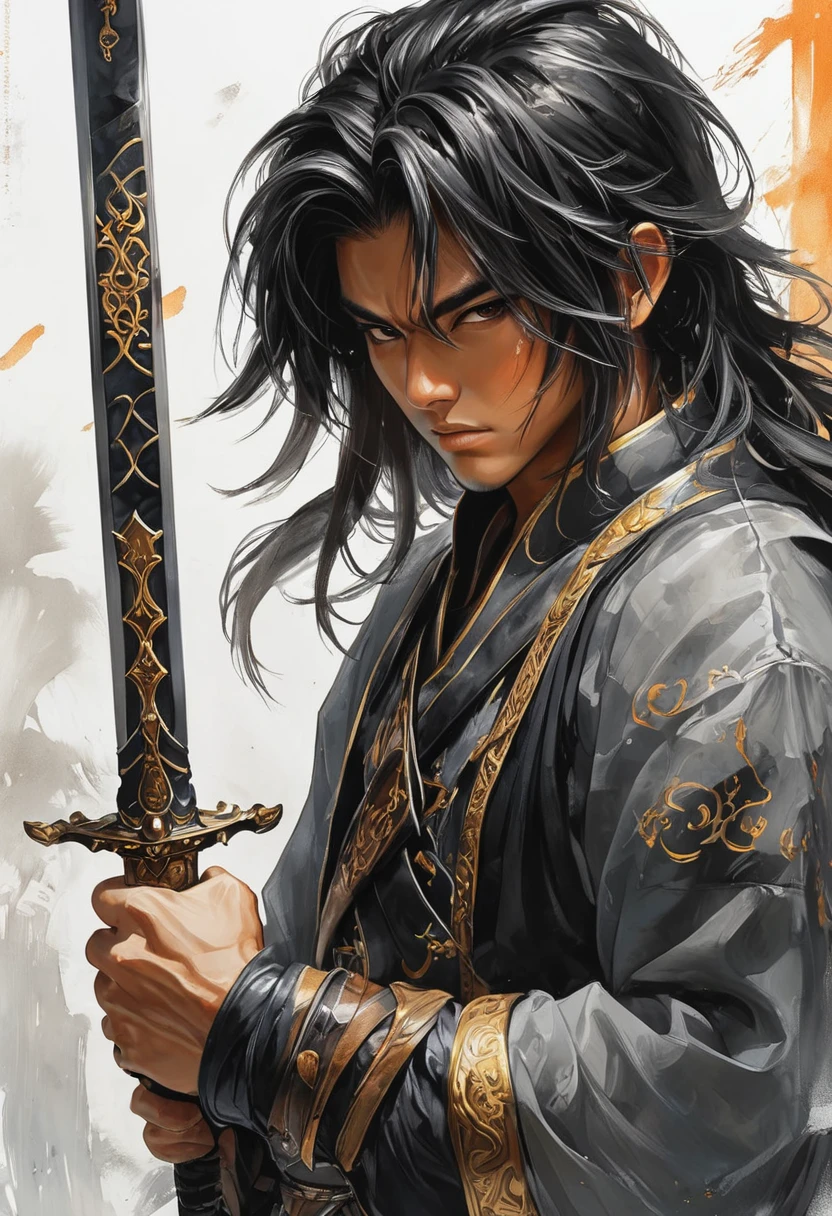 Midjourney, MJ, Midjourney style, poster, light background, close up, manga, anime, asian illustration of a man holding a sword, anime inspired character design style, opacity and translucency, gutai group, queencore, charming realism, gray and amber,