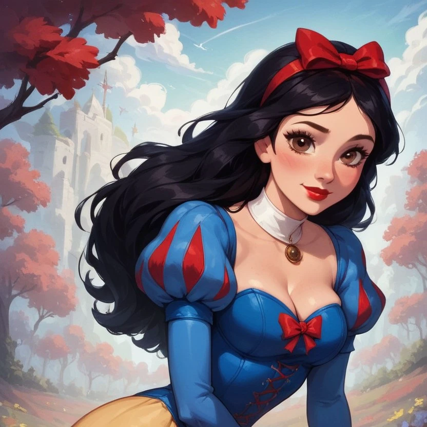 score_9, score_8_up, score_7_up, score_6_up, score_5_up, score_4_up, sexy girl, 1girl, Snowwhite, Disney, \(Snow White and the Seven Dwarfs\)/,(ultra HD quality details), brown eyes, black hair, bobbed hair, pale skin, blue sleeves with red slashing, puffy sleeves, yellow skirt, laced petticoat, dress, white collar,
 makeup, red lipstick, red hair bow, modest smile, modest look, seducing viewer, hearts, posing, sexy pose, solo, hairband, large saggy boobs, fantasy forest, apple tree, submission, flowers, sun light, cinematic lightings