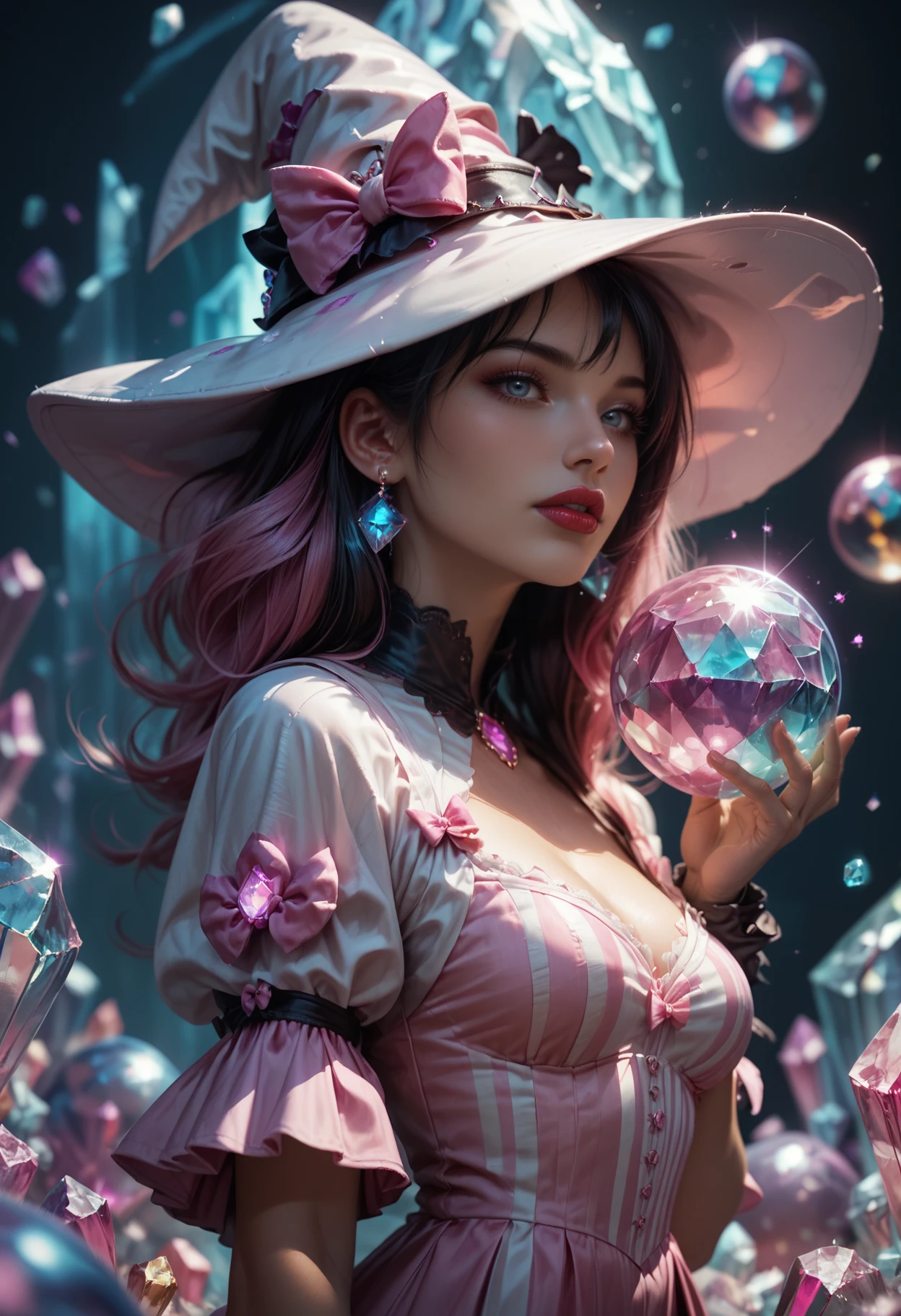 score_9, score_8_up, score_7_up, score_7, score_6_up, score_5_up,  a woman wearing (((reij-pnkwtch  <lora:PinkWitch-000003:1>))), crystal ball, magic, mysterious atmosphere, upper body