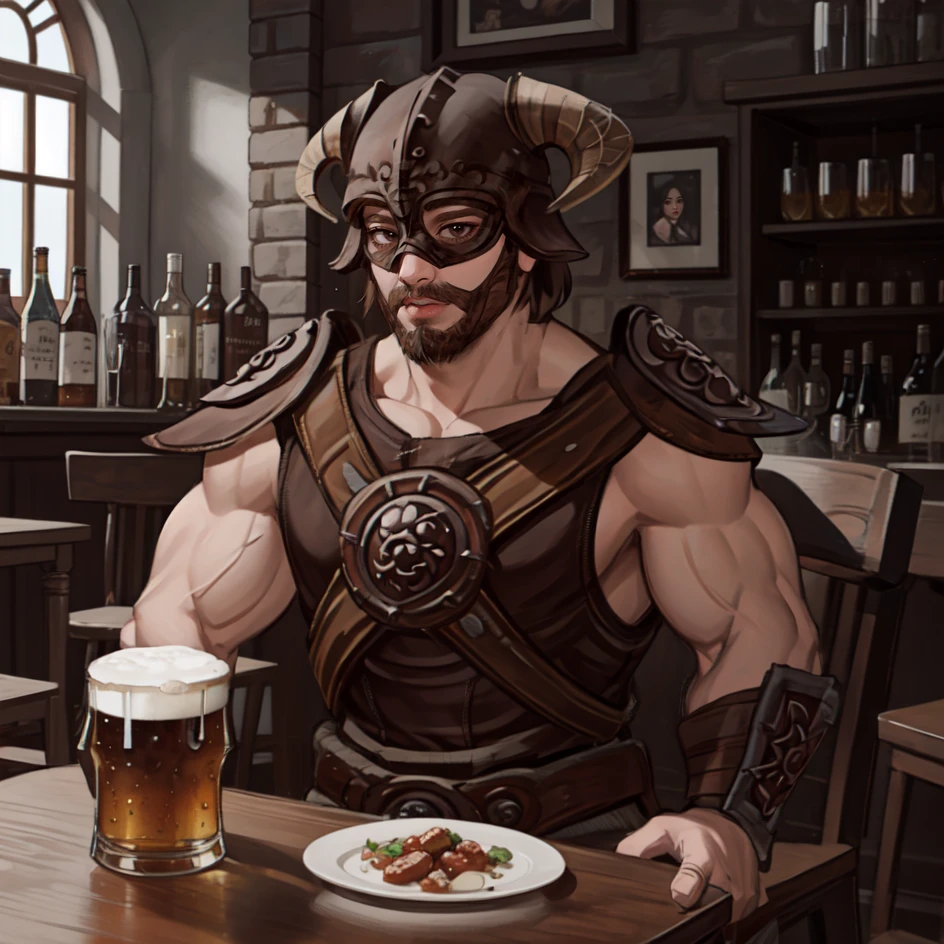 masterpiece,best quality,<lora:Dragonborn>,1boy,looking at viewer,Dragonborn,wear helmet,solo,Indoor,Tavern,table,chair,sitting,a large glass of beer,Nordic,retro,A strong man,muscular and mature man,Brown eyes,