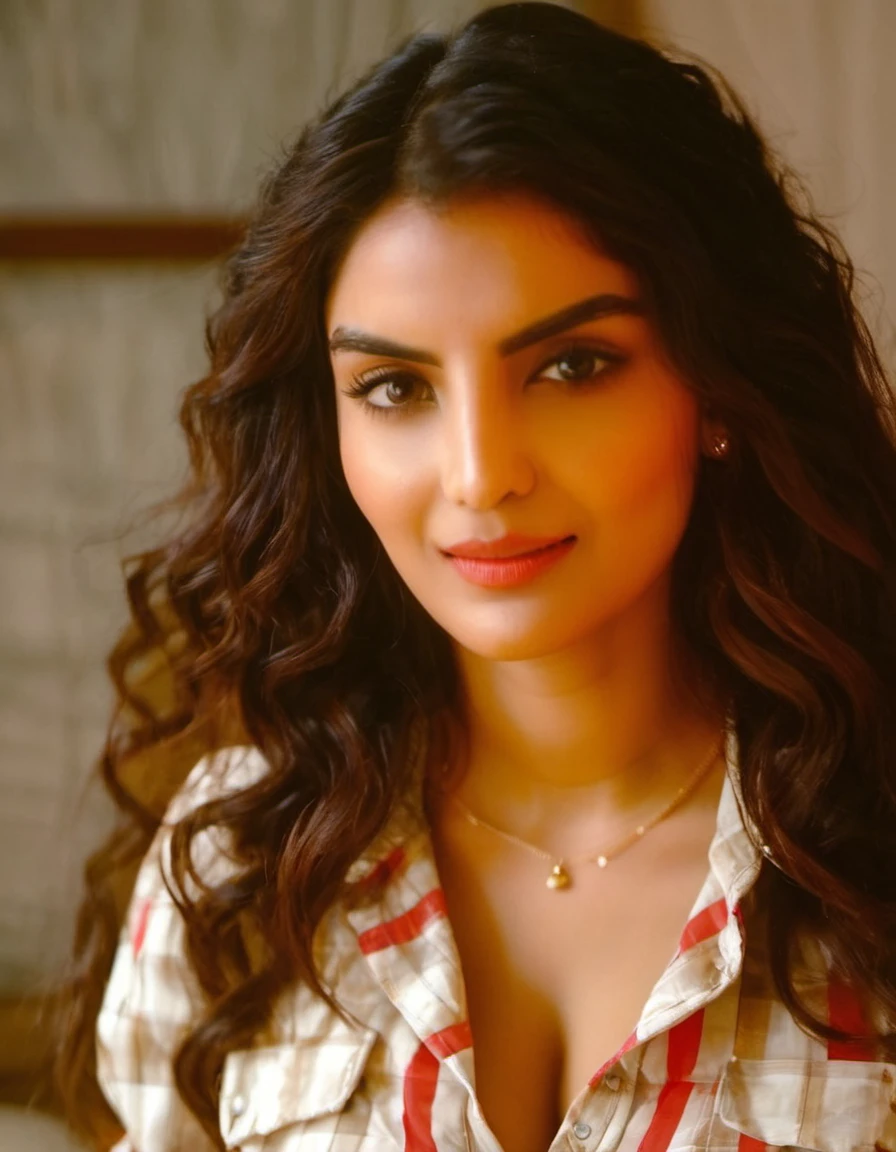 photograph AnveshiJain,An image of a woman in a relaxed half-length portrait. She stands slightly turned to her left, head facing the camera, with a gentle and assured gaze. Her hair falls in loose waves. She wears a red button-up shirt with rolled-up sleeves and a pattern, paired with khaki pants secured with a black belt. The warm lighting accentuates her features and the shirt's texture. The background is softly blurred, indicating an indoor space with warm ambient lights., 50mm . cinematic 4k epic detailed 4k epic detailed photograph shot on kodak detailed cinematic hbo dark moody, 35mm photo, grainy, vignette, vintage, Kodachrome, Lomography, stained, highly detailed, found footage, AnveshiJain,An image of a woman in a relaxed half-length portrait. She stands slightly turned to her left, head facing the camera, with a gentle and assured gaze. Her hair falls in loose waves. She wears a red button-up shirt with rolled-up sleeves and a pattern, paired with khaki pants secured with a black belt. The warm lighting accentuates her features and the shirt's texture. The background is softly blurred, indicating an indoor space with warm ambient lights, solid translucent complex, highly detailed, professional cinematic, coherent, romantic, enigmatic, vibrant, symmetry, sharp focus, extremely detail, stunning composition, magical atmosphere, perfect intricate, exquisite, light, very inspirational, thought, iconic, fine