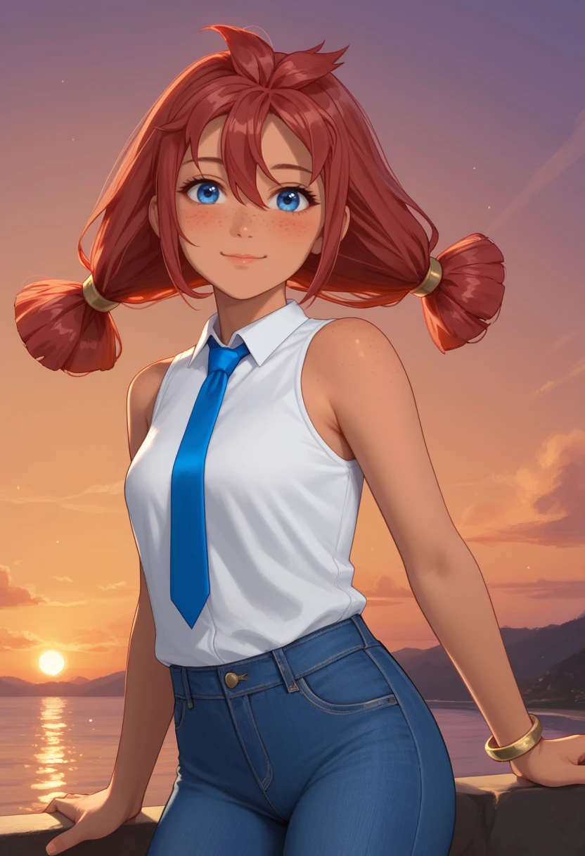 score_9, score_8_up, score_7_up,
best quality, masterpiece, ultra detailed,
<lora:Expressive_H:1>, light smile, closed mouth, blush,
looking at viewer,
dynamic pose, cowboy shot, 
head, torso, thighs, knees in the image, standing,
<lora:Everlasting_Summer_Ulyana_by_GraffMetal:1>, ulyana, red hair, twintails, hair between eyes, blue eyes, face freckles, body freckles, dark skin,
wear white shirt and blue jeans, bracelet on left hand, sleeveless, cute, blue tie, 
sunset, warm light, cozy, atmospheric background, purple colors background,
amazing background,