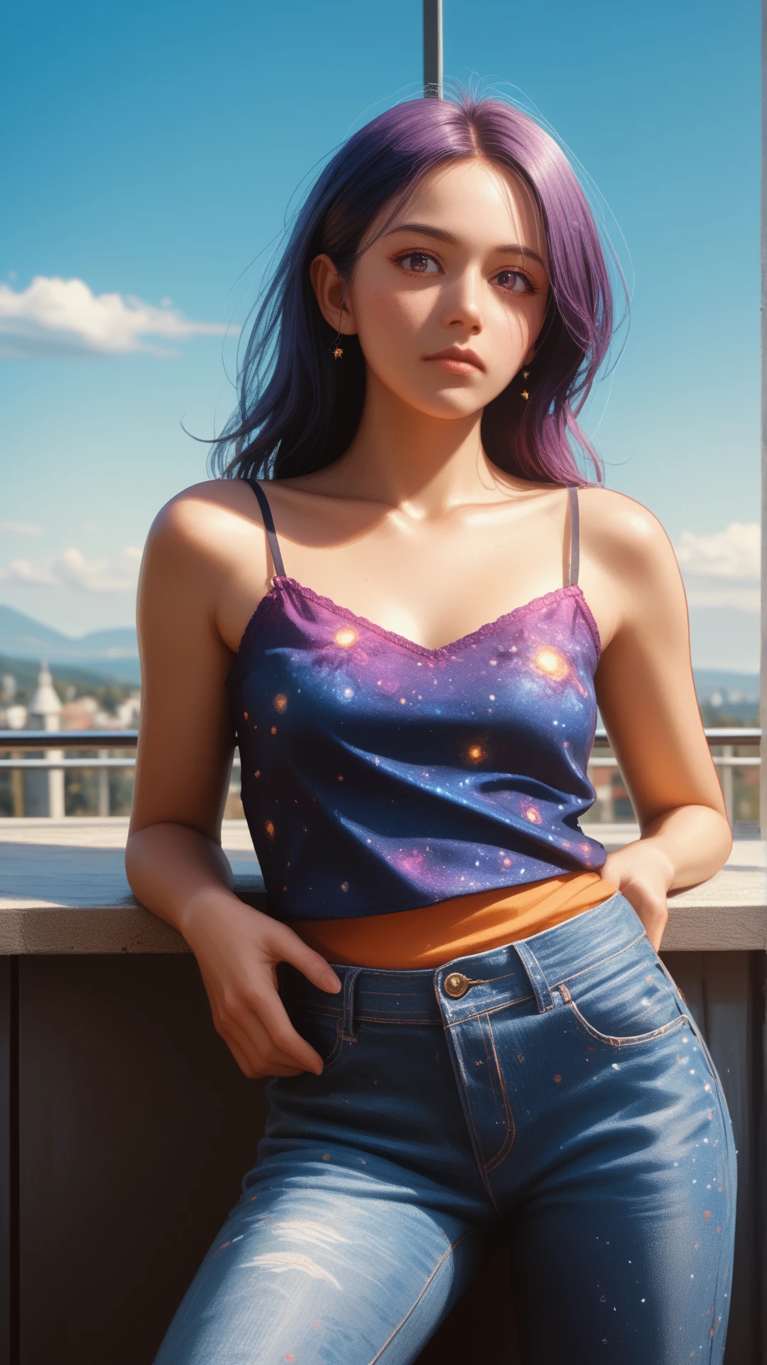 score_9, score_8_up, score_7_up, score_6_up,<lora:CosmicStylePDXL:1> woman wearing cosmic pattern glitter CosmicStyle Flare jeans, Camisole, shiny