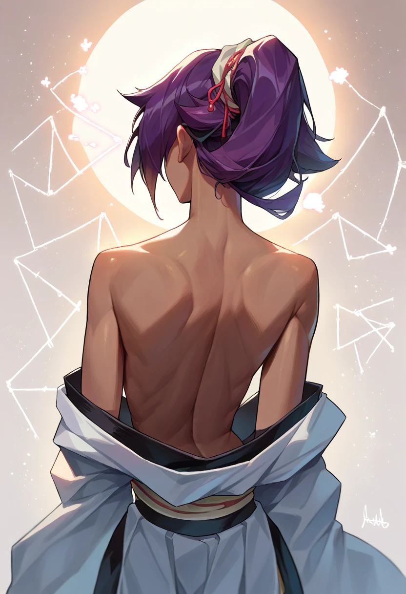 score_9, score_8_up, source_anime, 1girl, solo, ShihouinYoruichi, dark-skinned female, aurora, back, bare back, bare shoulders, constellation, from behind, kimono, light particles, long sleeves, off shoulder, <lora:ChamShihouinYoruichiPonyXL:1>