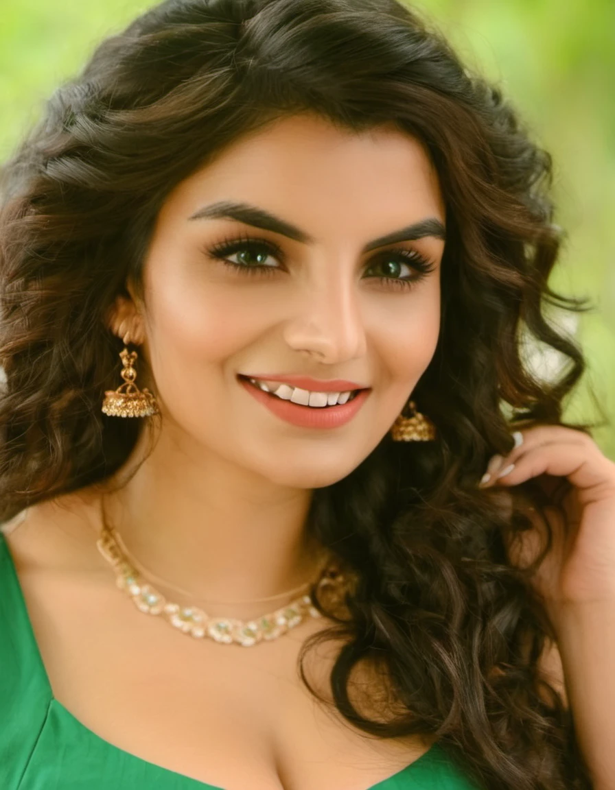 photograph AnveshiJain,The image features a stunningly beautiful young   woman with long, curly hair and bright blue eyes. She is wearing a green dress and a scarf, giving her a stylish and elegant appearance. The woman is looking at the camera, capturing her attention and making the viewer feel as if they are looking into her eyes. The overall scene is visually appealing and showcases the woman's beauty and grace. , 50mm . cinematic 4k epic detailed 4k epic detailed photograph shot on kodak detailed cinematic hbo dark moody, 35mm photo, grainy, vignette, vintage, Kodachrome, Lomography, stained, highly detailed, found footage, AnveshiJain,The image features a stunningly beautiful young woman with long, curly hair and bright blue eyes. She is wearing a green dress and a scarf, giving her a stylish and elegant appearance. The woman is looking at the camera, capturing her attention and making the viewer feel as if they are looking into her eyes. The overall scene is visually appealing and showcases the woman's beauty and grace, combined, rich deep colors, creative, positive, romantic, detailed, attractive, intricate, full color, pretty, amazing, perfect composition, cinematic light, dynamic background, inspirational, charming, lovely, dramatic ambient, sharp focus, inspired, highly detail, professional, best, agile, radiant, quality, epic, clear, artistic