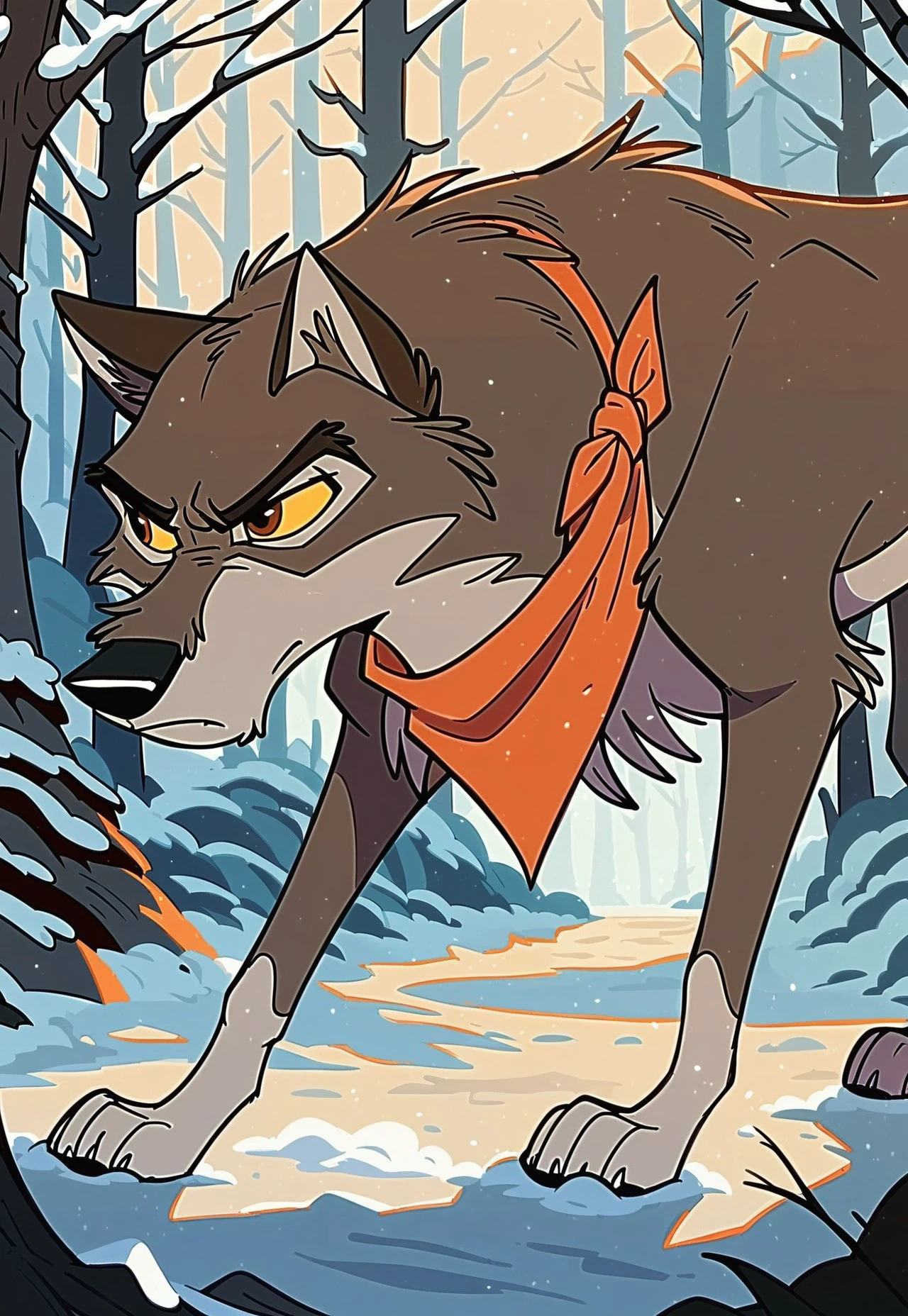 score_9, score_8_up, score_7_up, score_6_up, score_5_up, score_4_up, source_furry, hi res, concept art, in forest, snow, snowy, night, solo, Balto, wolf, wolfdog, wearing a orange kerchief, yellow sclera, brown eyes, looking away, determined, looking focused, serious face, feral, male, dynamic pose