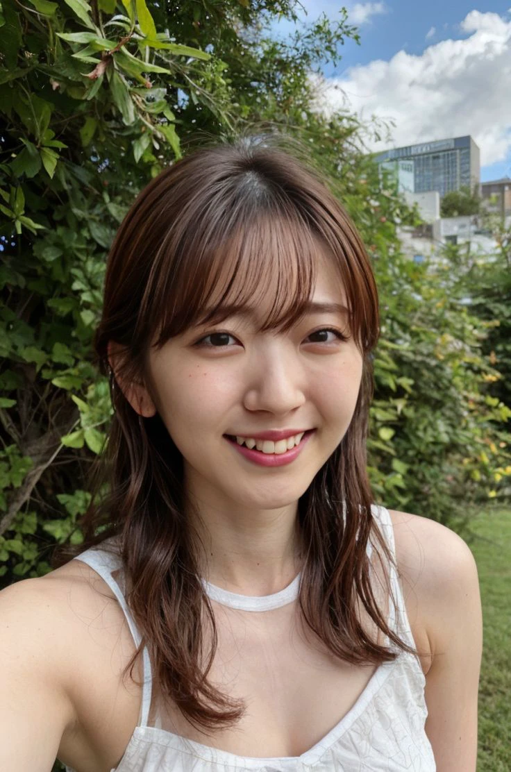 a beautiful picture of airiSuzuki ,mole, detailed skin texture,masterpiece, photorealistic, RAW color photo,(fully in frame:1.1), (goosebumps:0.5),brown hair,tied hair,  detailed face,outdoors,(city:1.2),wearing a crop totp,uppper body,armpits,looking at viewer, smile,  <lora:airiSuzuki (5):1>