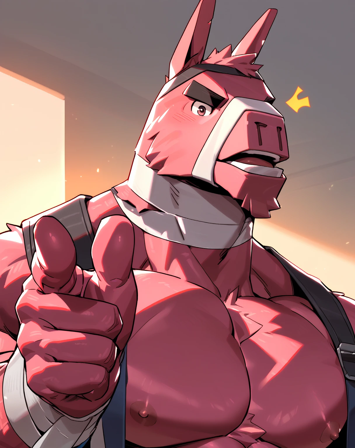 score_9, score_8_up, score_7_up, score_6_up, john llama, male focus, solo, 1boy, muscular, muscular male, bara, bandages, anthro, furry, closeup, portrait, colored skin, pectorals, furry, furry male, large pectorals, upper body, realistic, best quality, best aesthetic, very nsfw, year 2023, daylight, looking at you, dressed, index finger pointing at you<lora:EMS-451348-EMS:0.800000>