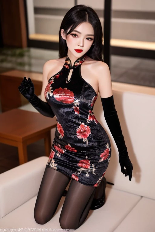 ((Morning, Outstanding, 8K, Masterpiece: 1.3)), Full Body, 1.7m Long Legs, Focal Length: 1.2, Perfect Tall: 1.4, Slim Abs: 1.1, ((Dark Brown Hair: 1.2)), (Beautifully Patterned Split Cheongsam, Black Slip Stockings, Black High Heels: 1.2), (Chinese Tang Dynasty Architecture: 1.3), Highly detailed face and skin texture, detailed eyes, detailed hands, double eyelids, slim figure, fat-free growth, exposed breasts, puffs, perspective, Coquettish action