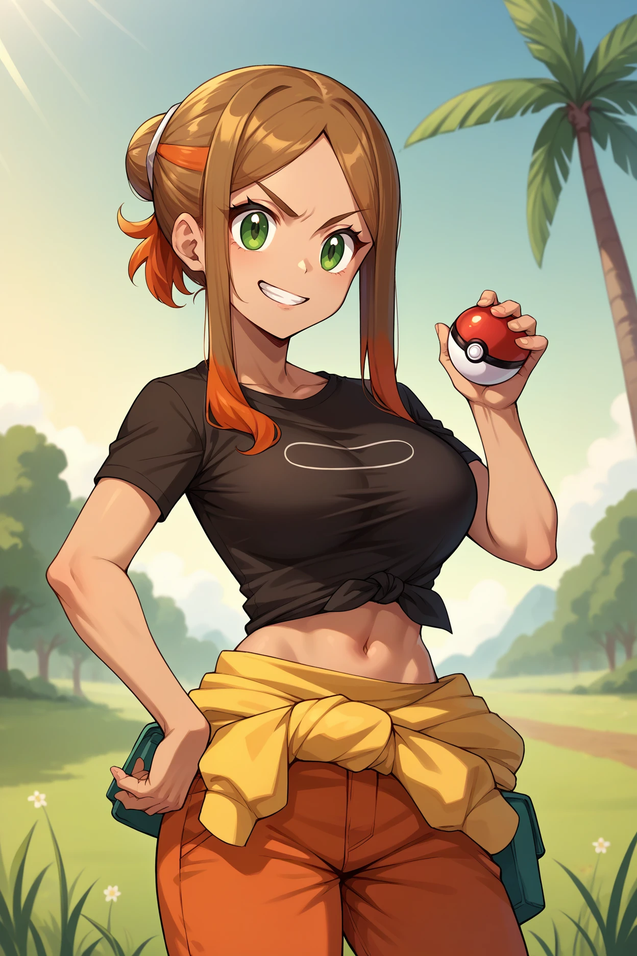 Pussy,Explicitly colored genitals,Brown Hair,Big collar、A garment with an open chest design,Exposed breasts,Pants with no fabric in the crotch area,露出したPussy,（beige skin,Beige breasts,Beige thighs,Pink nipples,）Light blue eyes,A picture of a woman holding a monster ball, Pokemon Misty, Gainax Anime Style, Also, Masamune Shirow, Inspired by Rei Kamoi, inspired by Un'ichi Hiratsuka, Singey, Cool pose, dramatic Grin pose, Female protagonist 👀 :8, Grin, rei hiroe