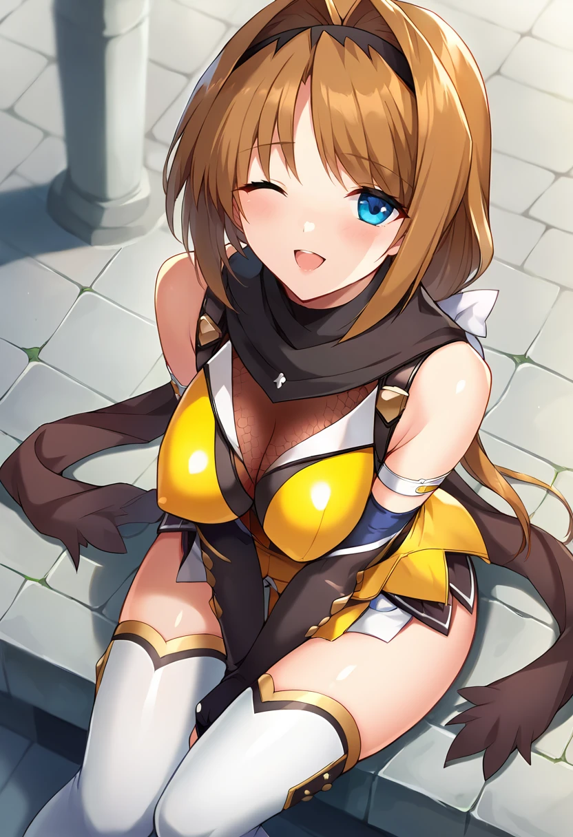 Tachibana Hibiki (symphogear),short hair, 1girl, brown hair, hairclip, brown eyes,gloves, headphones, scarf, gauntlets,(navel cutout),battle,defeat,Fall down, torn clothes, frightened expression ,blush, back view,sweat,Armpit, kneeling ,Bondage,Hands behind back,Groin