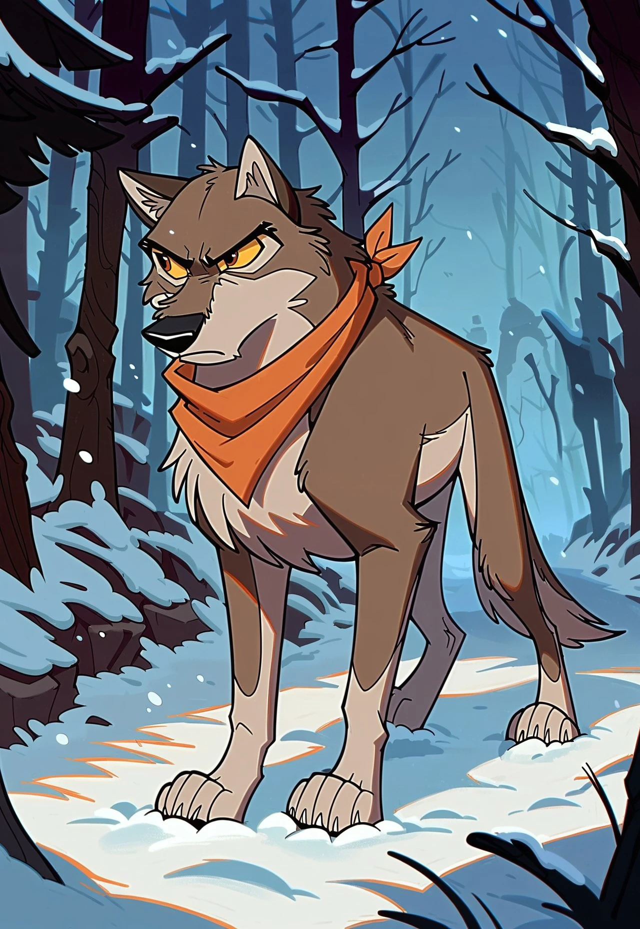 score_9, score_8_up, score_7_up, score_6_up, score_5_up, score_4_up, source_furry, hi res, concept art, in forest, snow, snowy, night, solo, Balto, wolf, wolfdog, wearing a orange kerchief, yellow sclera, brown eyes, looking away, determined, looking focused, serious face, feral, male, dynamic pose