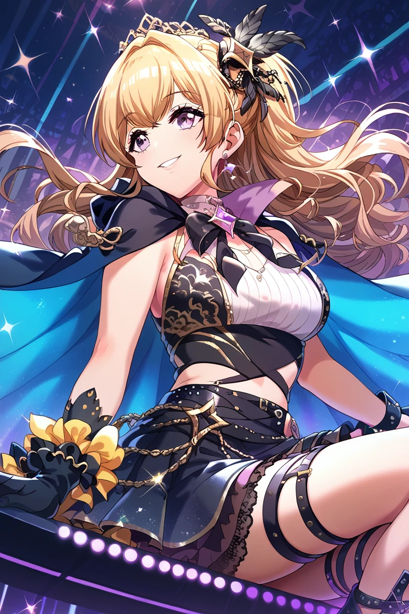 score_9, score_8_up, score_7_up, score_6_up,
 <lora:Kase_Mana:0.9> kase, 1girl, solo, gloves, earrings, jewelry, purple eyes, cape, breasts, long hair, black gloves, skirt, blonde hair, smile, hair ornament, medium breasts, rave