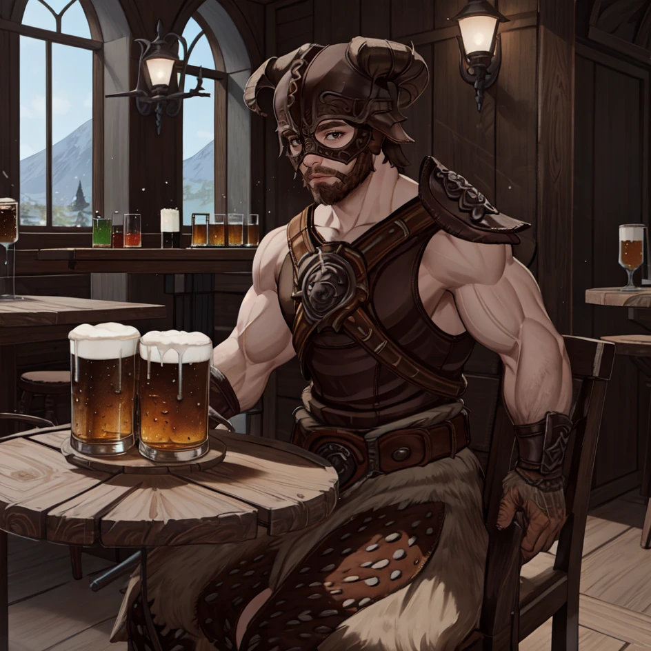 masterpiece,best quality,<lora:Dragonborn>,1boy,looking at viewer,Dragonborn,wear helmet,solo,Indoor,Tavern,table,chair,sitting,a large glass of beer,Nordic,retro,A strong man,muscular and mature man,Brown eyes,