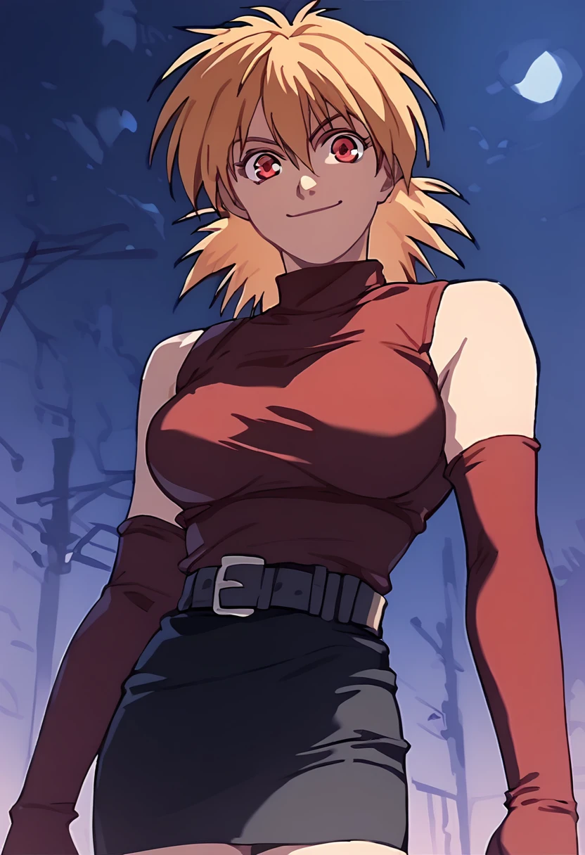 score_9, score_8_up, score_7_up, score_6_up, seras victoria, confident smile, sleeveless, red turtleneck, elbow gloves, black skirt, belt,night <lora:Seras_Victoria:1>