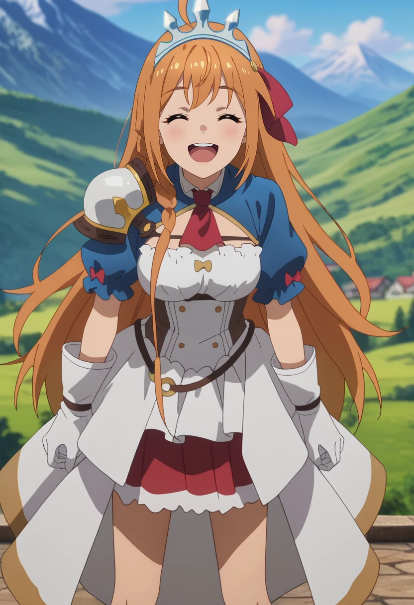 score_7_up, anime screencap,
<lora:PrincessConnect_PecorineXL:0.9>,
1girl, solo, open mouth, smile, upper teeth only,
long hair, orange hair, side braid, ahoge, closed eyes, tiara,
PecorineDress, white dress, red ascot, shoulder armor, puffy short sleeves, blue sleeves, white gloves, layered skirt, white skirt, red skirt,
leaning forward, standing, looking at viewer, arms at sides,
blurry background, mountains, scenery