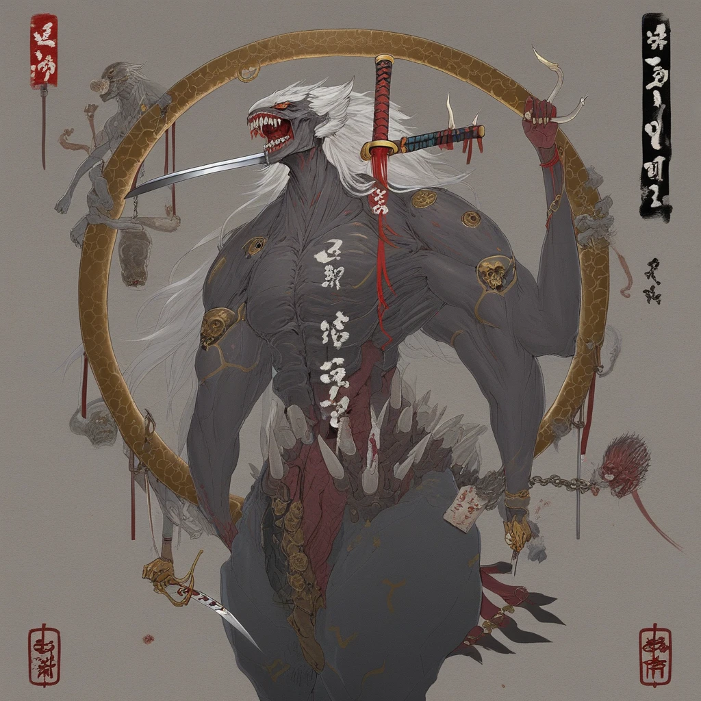 intestines, sheath, half skulls, insect arms, wolf, muscle, spear, chain, torii, weapon, halo, white skin, red fingers, golden markings, katana, long sleeves, bandages, floating skull, white hair, spikes, horns, cryptex instead of eyes, circles made of hands, teeth