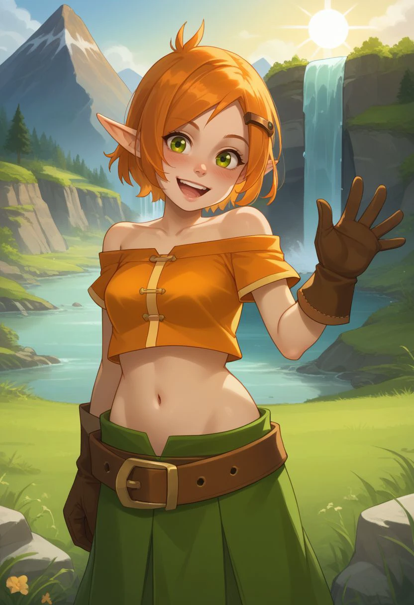 score_9, score_8_up, score_7_up, source_anime, 1girl, cradef, small breasts, green eyes, orange hair, short hair, pointy ears, hairclip, hair ornament, bare shoulders, orange crop top, midriff, navel, brown gloves, belt, green skirt, boots, brown footwear, tall female, standing, open mouth, smile, waving, blush, looking at viewer, outdoors, grass, nature, rocks, waterfall, mountain in the background, sun, facing viewer, upper body, <lora:Cra_v1-000010:1>