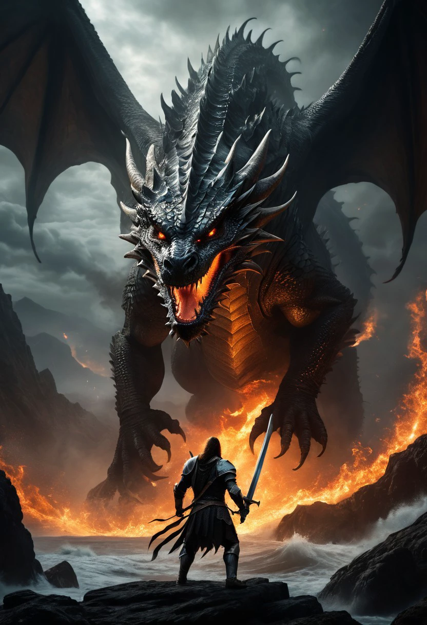 Unfazed dragon, a knight in shining armor, facing a fearsome dragon, knight is jumping towards dragon, dragon opens mouth, dragon mouth has teeth, fire from dragon mouth, epic battle, burning sword, sword, dark fantasy, detailed armor, fire, scales, dramatic lighting, its light barely illuminating the surroundings, The atmosphere is heavy with tension the sea crashing violently against the rocks, the creature's immense size dwarfing the solitary human, lone figure against the ancient, otherworldly beast, color palette is dark, deep blacks and greys, high contrast, ral-ertmsphr,