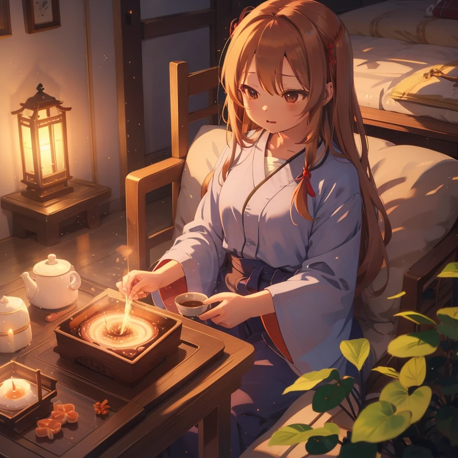 Natsume, (realistic dark lighting, lens glare:0.3), (cozy, lovely, sweet, tea drinking ceremony, isometric anime style:0.8)