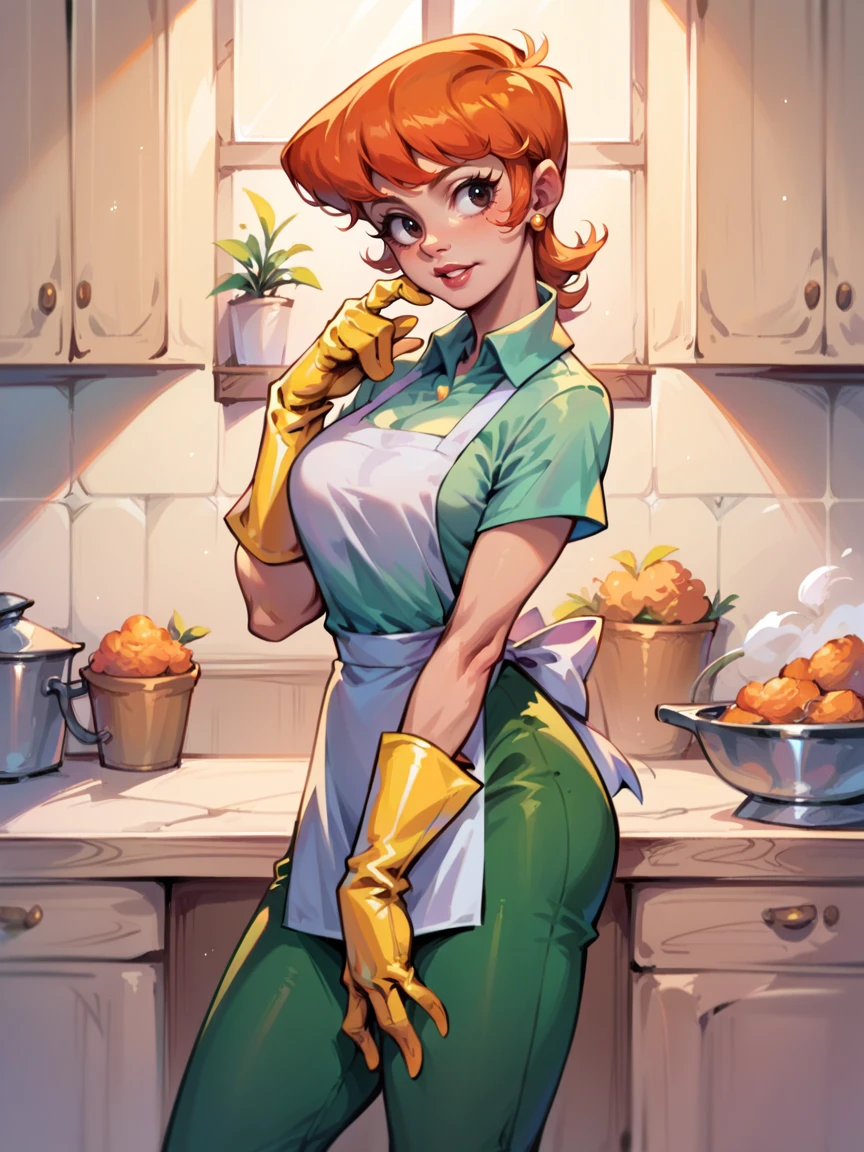 score_9, score_8_up, score_7_up, score_6_up, score_5_up, <lora:momDLXLP:1> momdl, mom_(dexter's_laboratory), gloves, apron, orange hair, pants, yellow gloves, solo