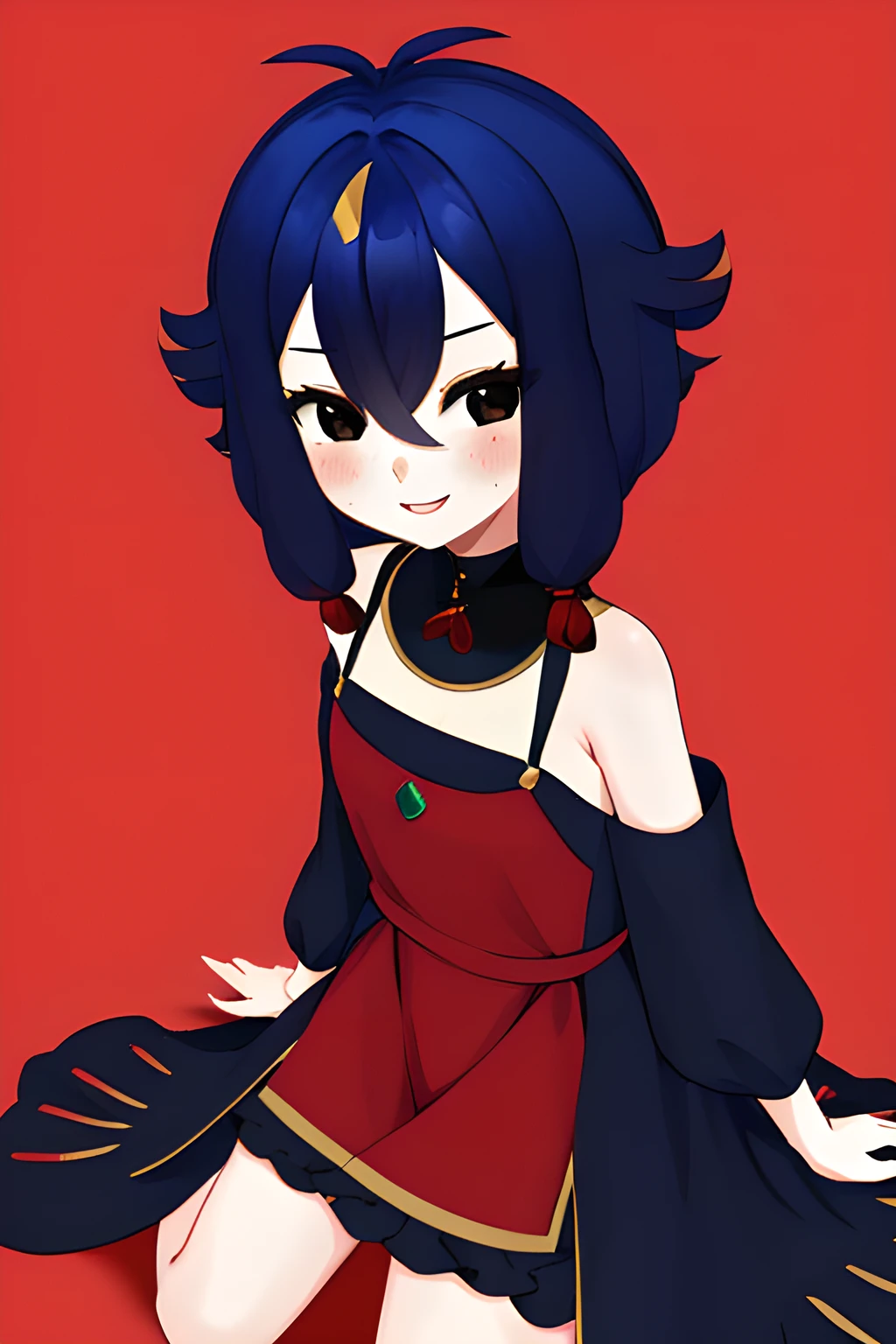 1girl,CrayonVT,solo,looking at viewer,blush,smile,bangs,simple background,black hair,hair between eyes,jewelry,closed mouth,black eyes,[freckles:0.7],blue_hair,<lora:CrayonVT_e11:1>,(((red dress:1.2))),full body,happy,in love,blush,(mexican dress:1.1)