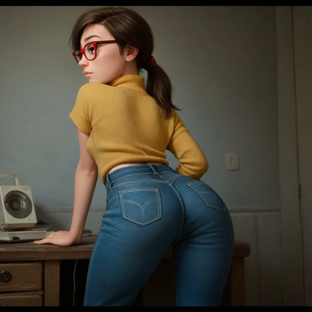 score_9, score_8_up, score_7_up, score_6_up, score_5_up, score_4_up, rating_explicit, 1girl, Ji_llA, red framed eyewear, ponytail, sexy pose, small saggy breasts, jeans, large hips, bending over, looking back at viewer