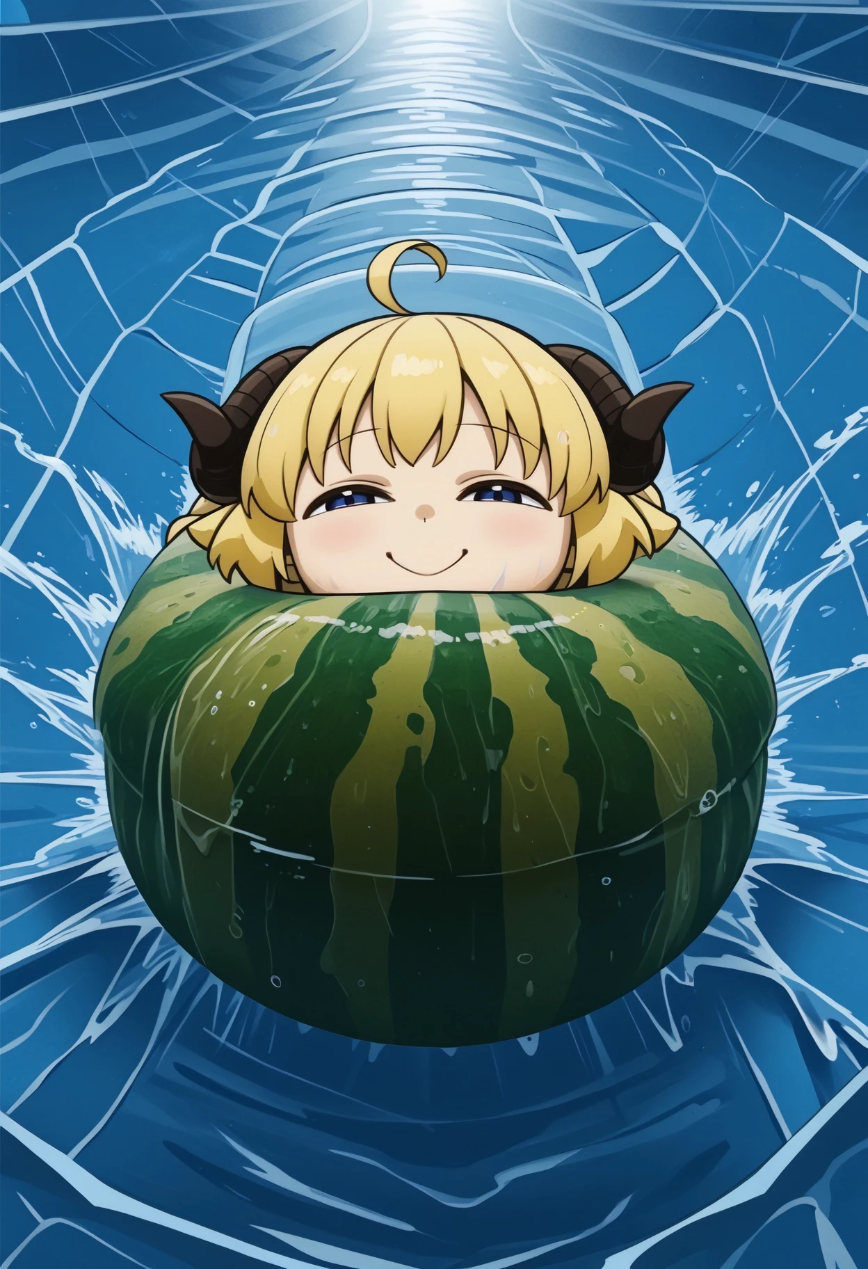 water slide, on back,splashing,water,wet, bent legs, 
Watamelon, smile, smug, half-closed eyes, no humans, creature, chibi, watermelon, all fours,
TsunomakiWatame, horns, long hair, ahoge,
<lora:water_slide_V1_edited-sv_0.97-16:1>  <lora:ChamWatamelonPonyXL:1>   <lora:ChamTsunomakiWatamePonyXL:1>