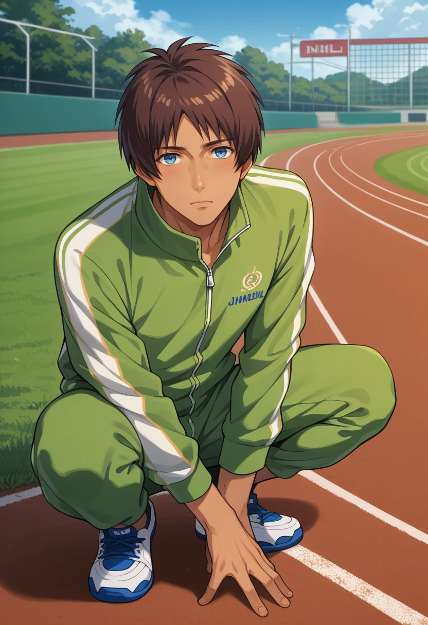 score_9, score_8_up, source_anime, 1boy, solo, AijimaCecil, dark skin, brown hair, blue eyes, short hair, track suit, outdoors, squatting, <lora:ChamAijimaCecilPonyXL:1>