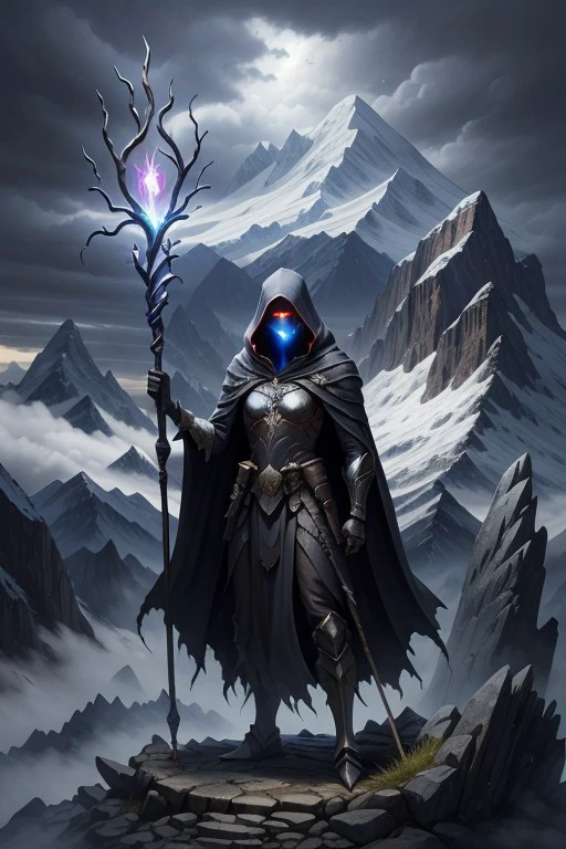 tree, pauldrons, glowing eyes, cloak, glowing, mountain, cloudy sky, gauntlets, holding staff, 1girl