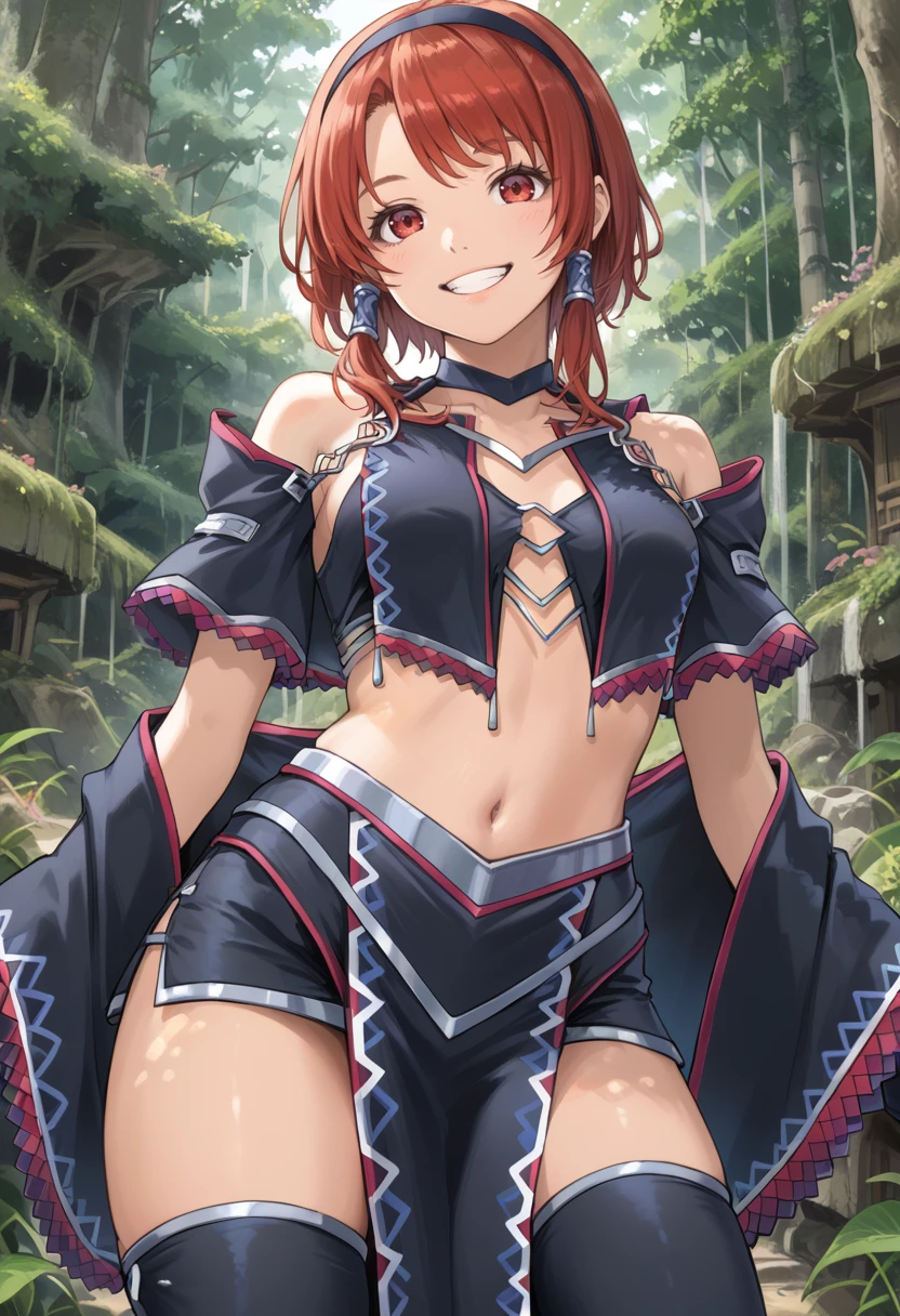 (score_9:0.9),score_8_up,score_7_up,rating_safe,anime style,(zPDXL),<lora:Equis armor ponyXL v1.1:0.75>,equis armor,(1girl,solo),smile,red eyes,black thighhighs,navel,brown hair,grin,medium breasts,short hair,midriff,red hair,black hairband,(black pelvic curtain),black breast curtains,black detached sleeves,black hair tubes,forest,black gloves,