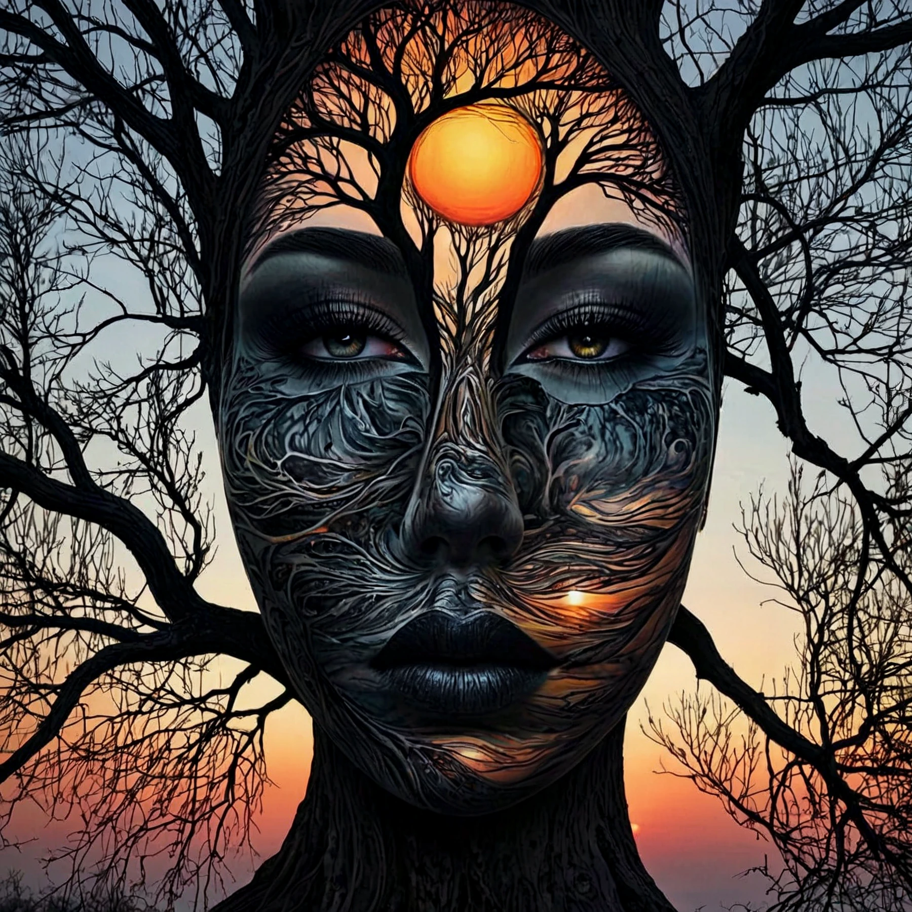 highly detailed. Vivid.

Darkness, dusk, sunset.

Face amongst the branches of a tree.

<lora:Visage01-03_CE_SDXL:0.7>