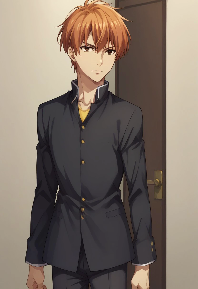 score_9, score_8_up, score_7_up, source_anime, highly detailed,
kyosohma, 1boy, solo, male focus,  orange hair, brown eyes, gakuran, school uniform, black uniform, black pants,  long sleeves, pants,