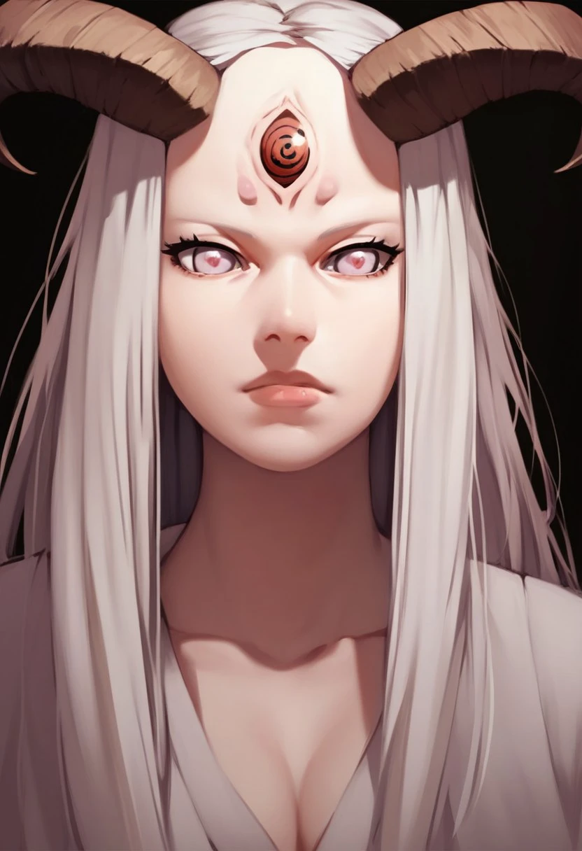 score_9, score_8_up, score_7_up, score_6_up, outsusukification , otsutsuki, 
 byakugan \(passive\), long hair, forehead eye, 1girl, third eye, white hair, horns, extra eyes