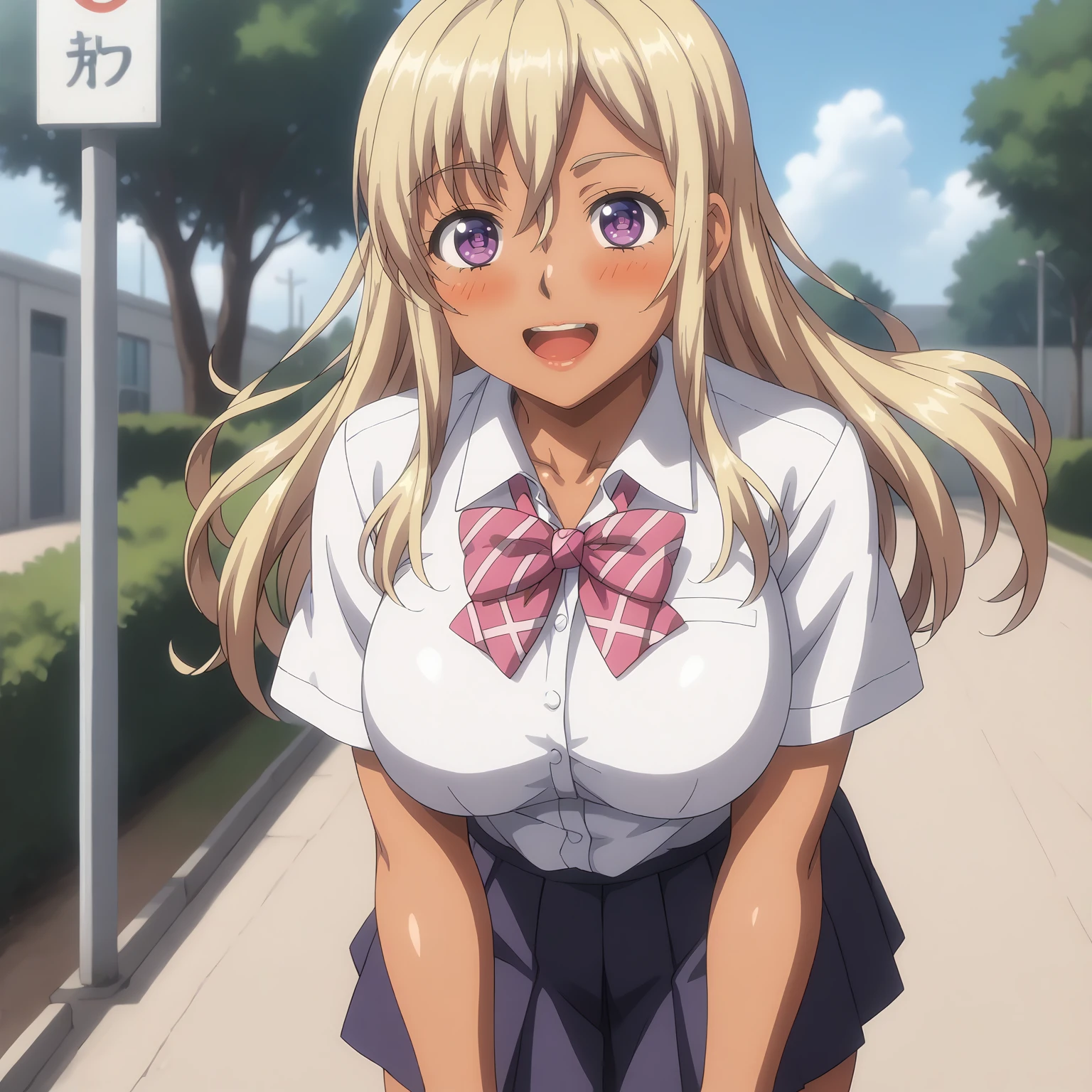 <lora:BDCC_ChieriShiinaXLpony001>,
smile,blush,open mouth,
solo,
ChieriShiina,1girl,blonde hair,long hair,purple eyes,dark skin,
large breasts,
school_uniform,collared_shirt,bowtie,short_sleeves,
outdoors,