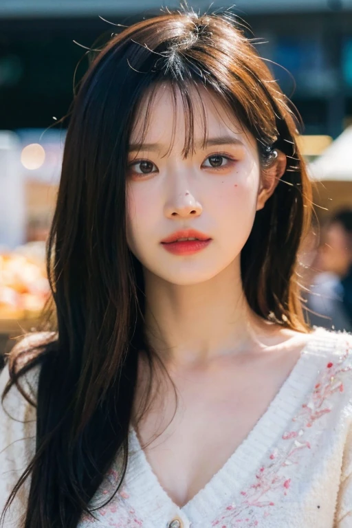 masterpiece, best quality, ultra-detailed, ultra high res, (photorealistic:1.4), raw photo, (realistic:0.2), 8k HDR, realistic lighting, looking at viewer, 1girl, solo, asymmetrical hair, outdoor, sky, (traditional market:1.2), bokeh, (detailed lips), (detailed pores), (detailed skin textures), (detailed face:1.2), (body:1.2), a woman in a cardigan, cowboy shot,