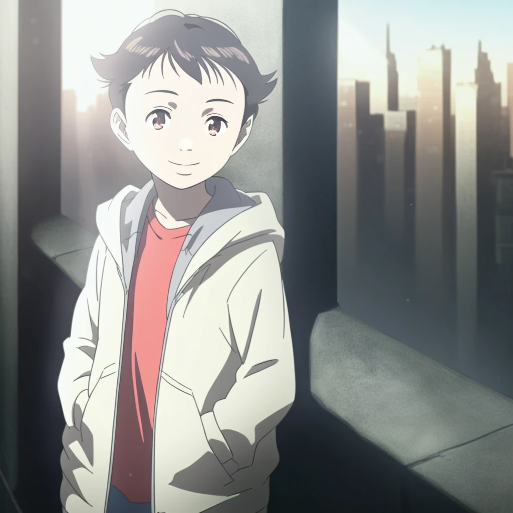 Score_9, solo, tt_atom, black hair, shirt, jacket, brown eyes, smile, hands in pockets, outdoors, city, sunlight, natural lighting