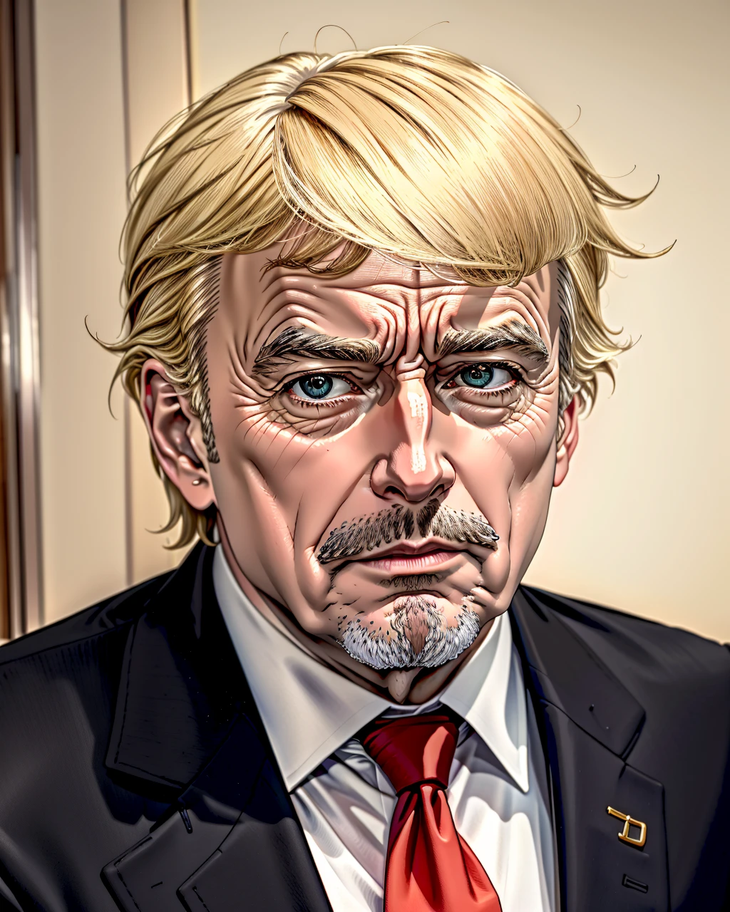 best quality,masterpiece,highly detailed,ultra-detailed, 
 <lora:neg9V2_last:0.7> retro-anime-90, 1990s \(style\), old man aged down, suit,necktie, facial hair, blonde hair, white_house,
<lora:retro-anime-90_V02:0.7>Donald   Trump  the 45th president of the United States from 2017 to 2021.