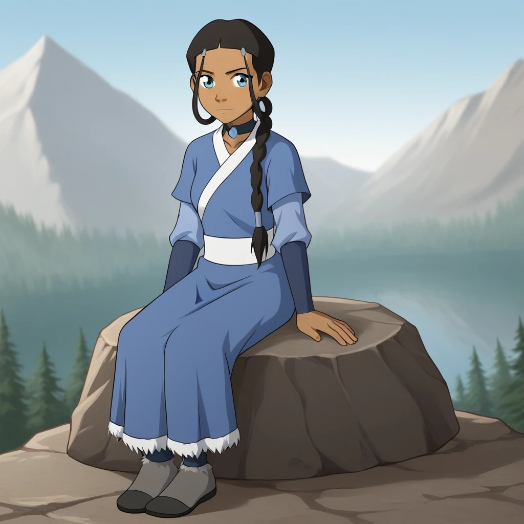 score_9_up, BREAK, katara, 1girl, solo, black hair, blue eyes, braided ponytail, dark skin, hair ornament, blue dress, black legawear, sitting on rock, outdoors, blue sky, <lora:Katara_TheLastAirbender_PXL_Leaf1:0.8>,