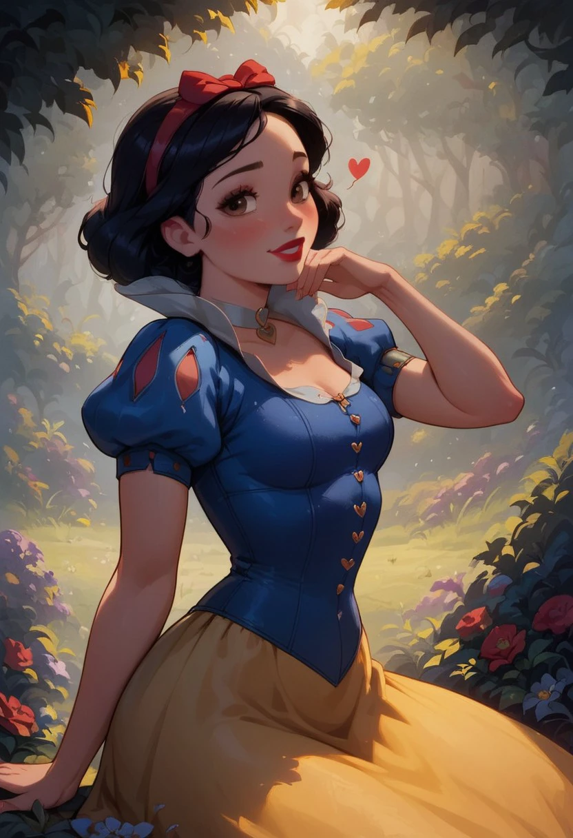 score_9, score_8_up, score_7_up, score_6_up, score_5_up, score_4_up, sexy girl, 1girl, Snowwhite, Disney, \(Snow White and the Seven Dwarfs\)/,(ultra HD quality details), brown eyes, black hair, bobbed hair, pale skin, blue sleeves with red slashing, puffy sleeves, yellow skirt, laced petticoat, dress, white collar,
 makeup, red lipstick, red hair bow, modest smile, modest look, seducing viewer, hearts, posing, sexy pose, solo, hairband, large saggy boobs, fantasy forest, apple tree, submission, flowers, sun light, cinematic lightings